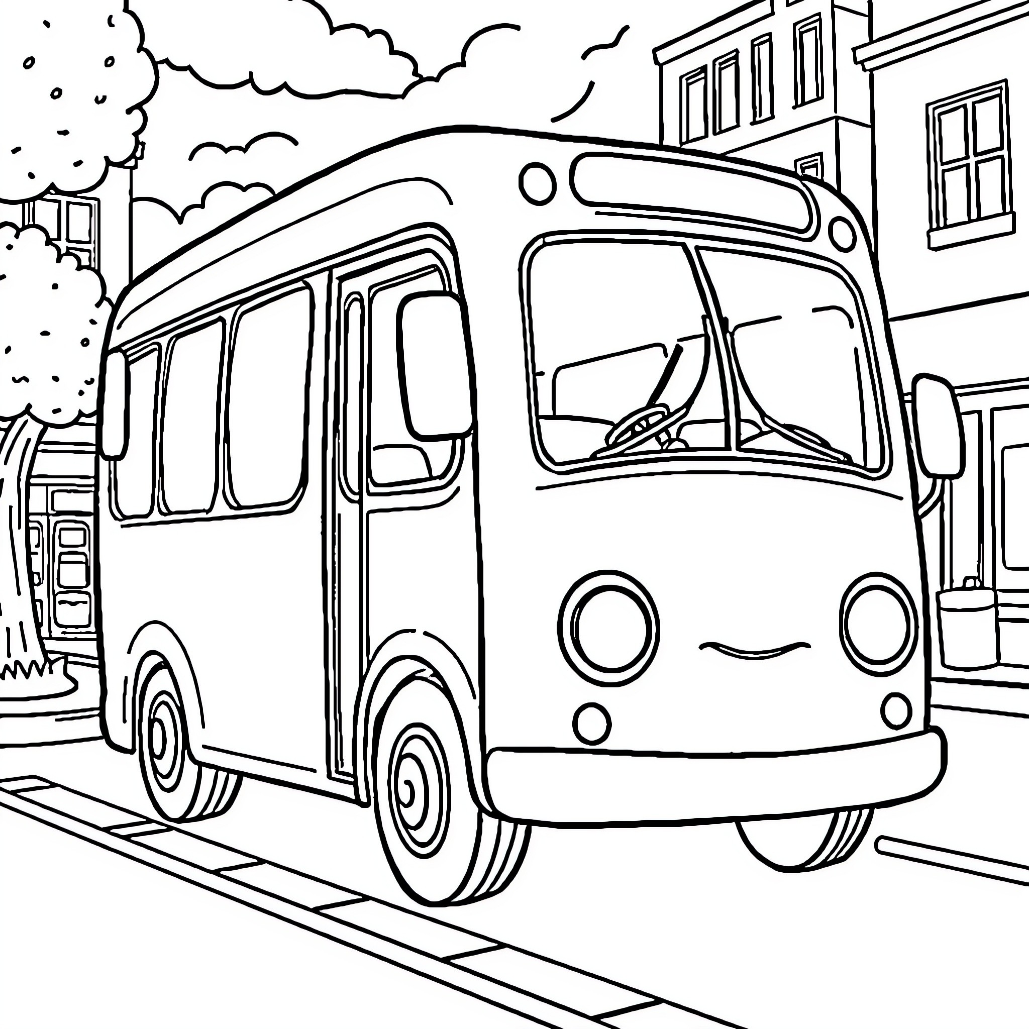 Babybus driving happily through the city Coloring Page (free black-and-white line drawing printable PDF for all, from beginners to advanced learners, including children, teens, adults, and seniors)