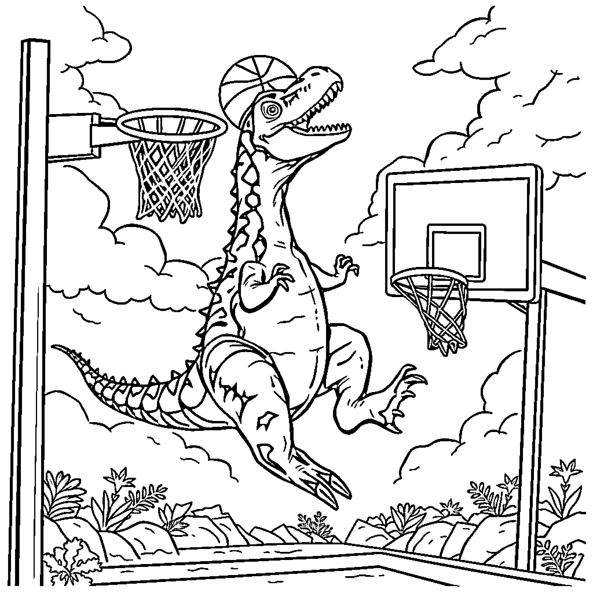 Dinosaur playing basketball in the park Coloring Page (free black-and-white line drawing printable PDF for all, from beginners to advanced learners, including children, teens, adults, and seniors)