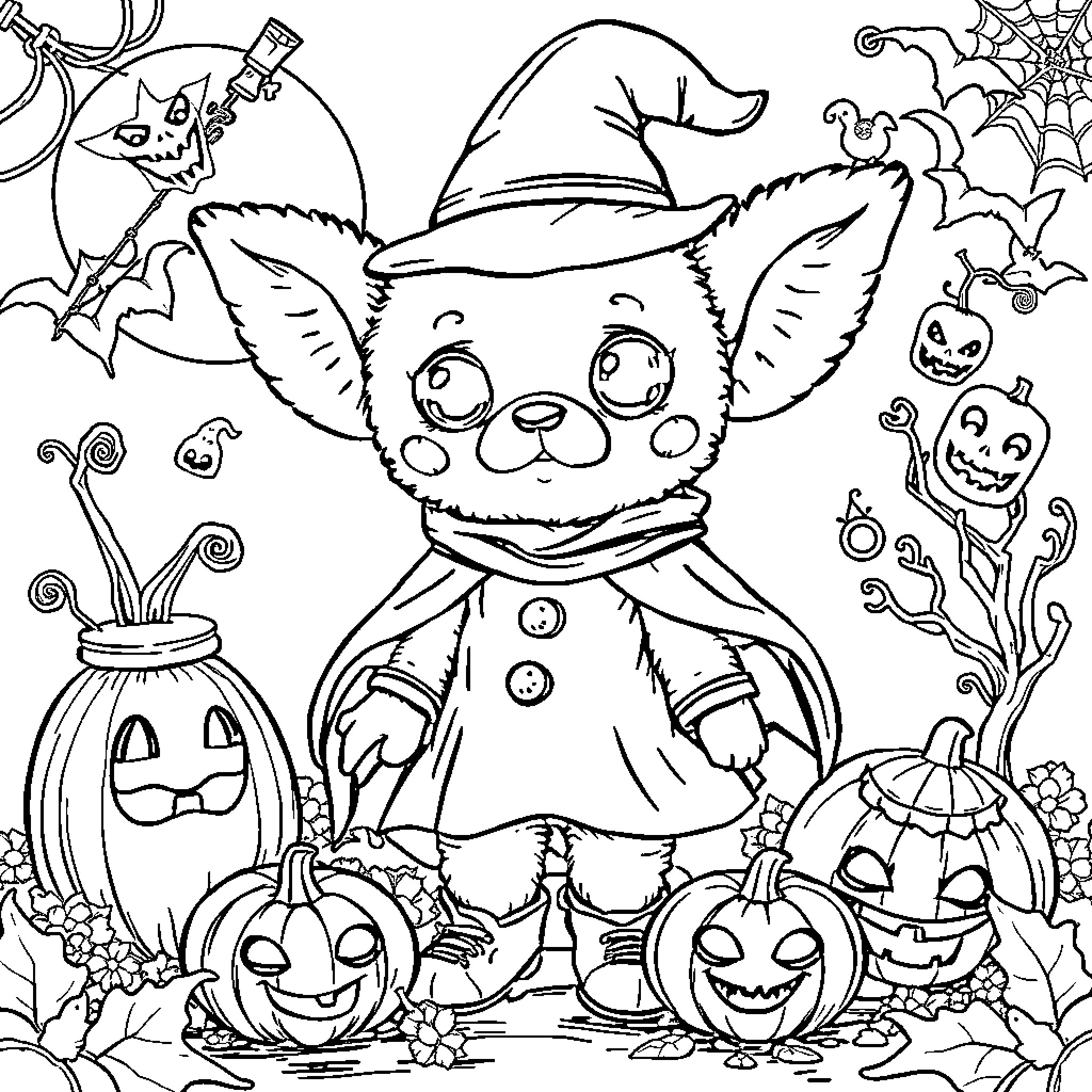 Labubu's Spooky Halloween Adventure Coloring Page (free black-and-white line drawing printable PDF for all, from beginners to advanced learners, including children, teens, adults, and seniors)