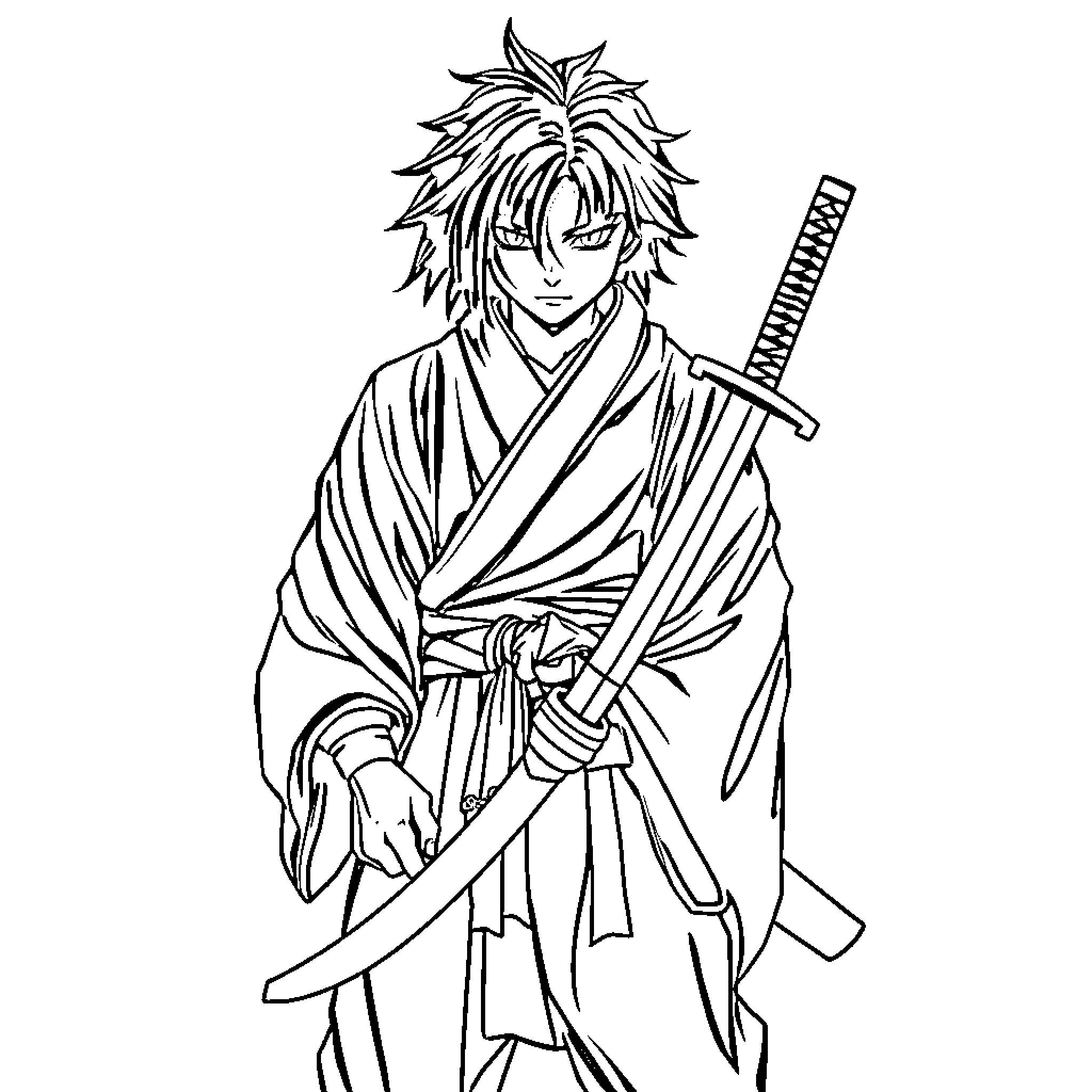 Ronin Wielding Sword in Contemplative Pose Coloring Page (free black-and-white line drawing printable PDF for all, from beginners to advanced learners, including children, teens, adults, and seniors)