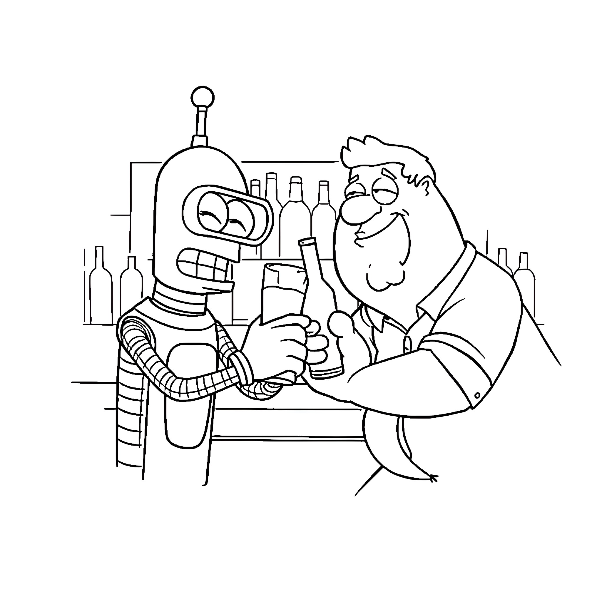 Character Sharing a Drink with Robot Companion Coloring Page (free black-and-white line drawing printable PDF for all, from beginners to advanced learners, including children, teens, adults, and seniors)