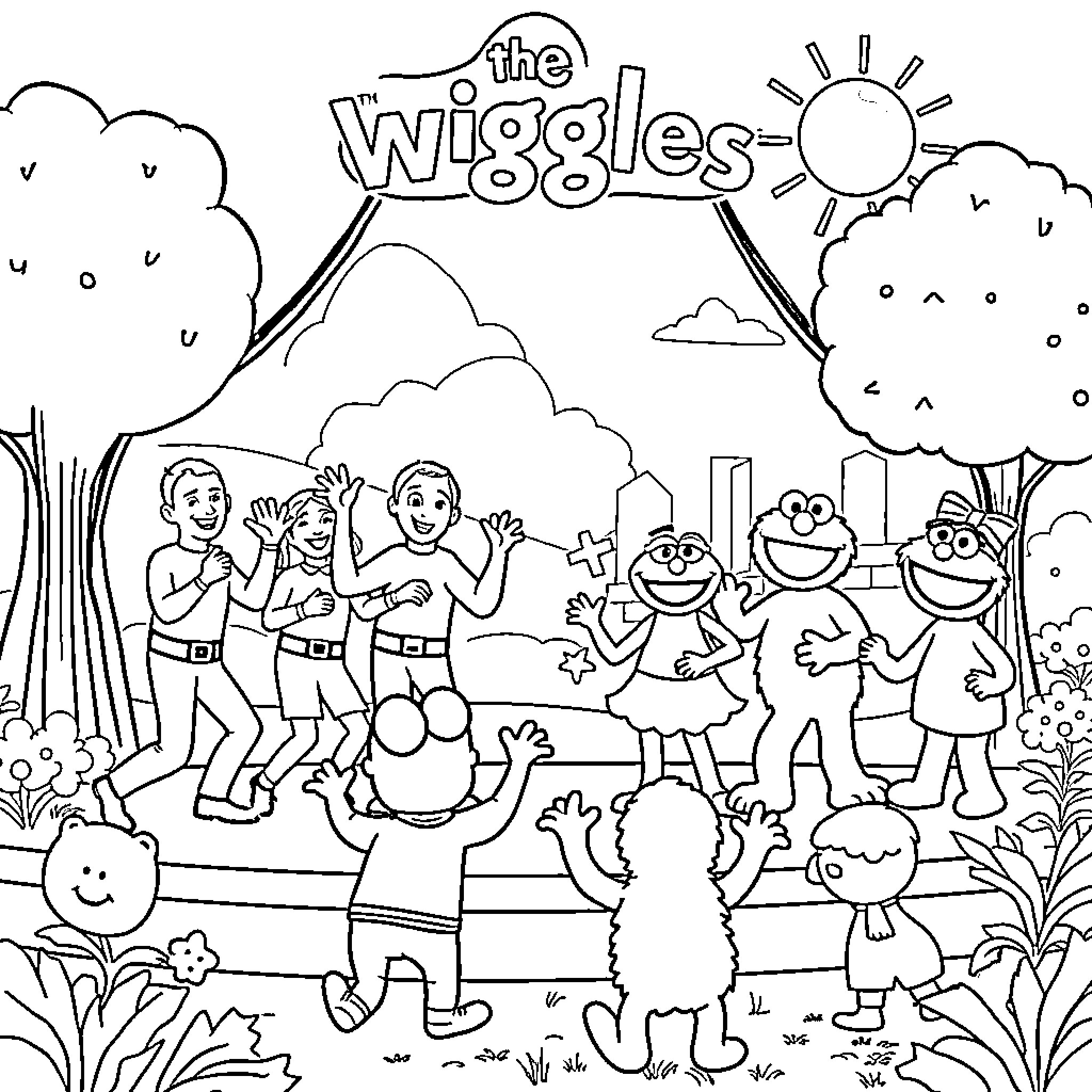 Wiggles playing and dancing together outdoors Coloring Page (free black-and-white line drawing printable PDF for all, from beginners to advanced learners, including children, teens, adults, and seniors)
