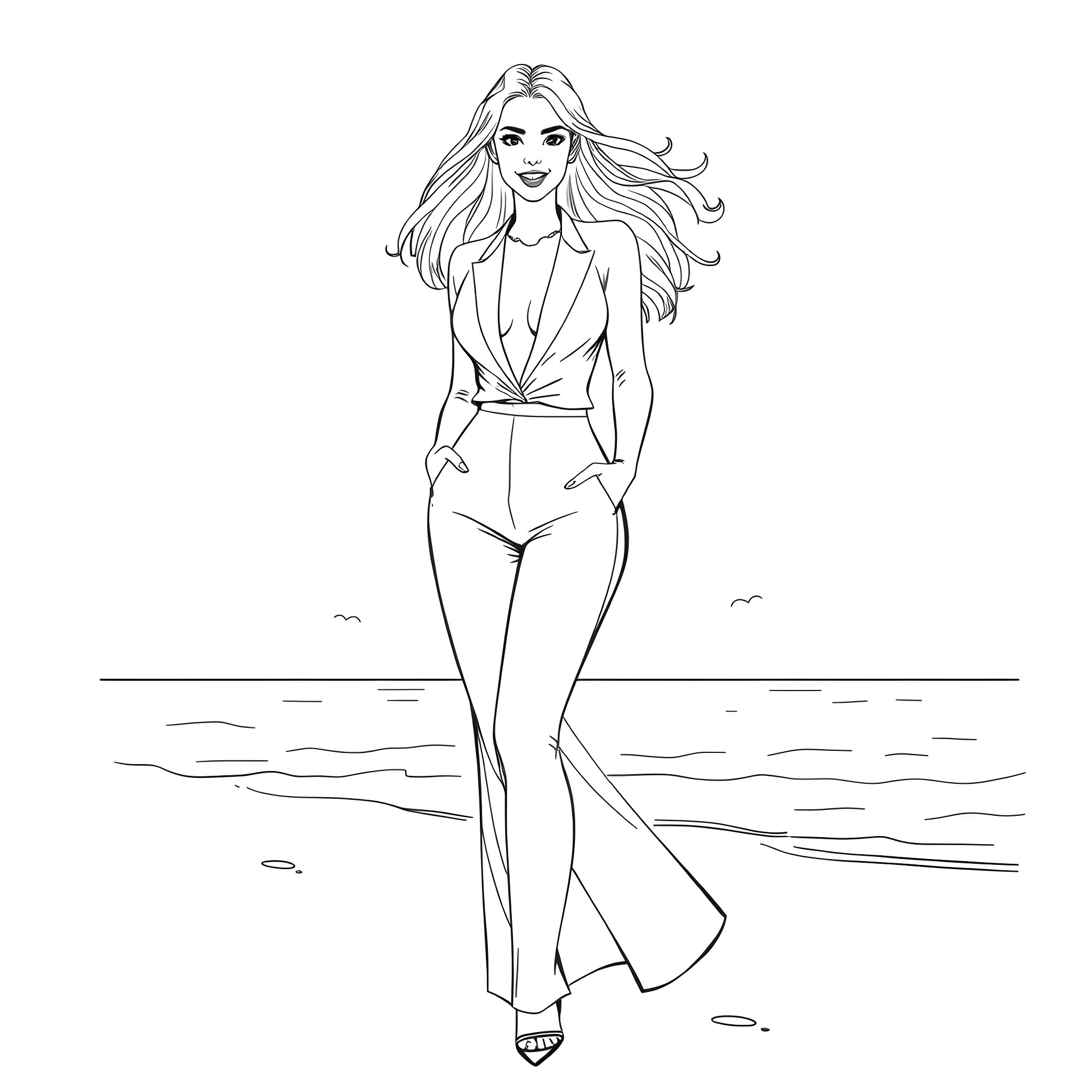 Woman with flowing hair posing by the sea Coloring Page (free black-and-white line drawing printable PDF for all, from beginners to advanced learners, including children, teens, adults, and seniors)