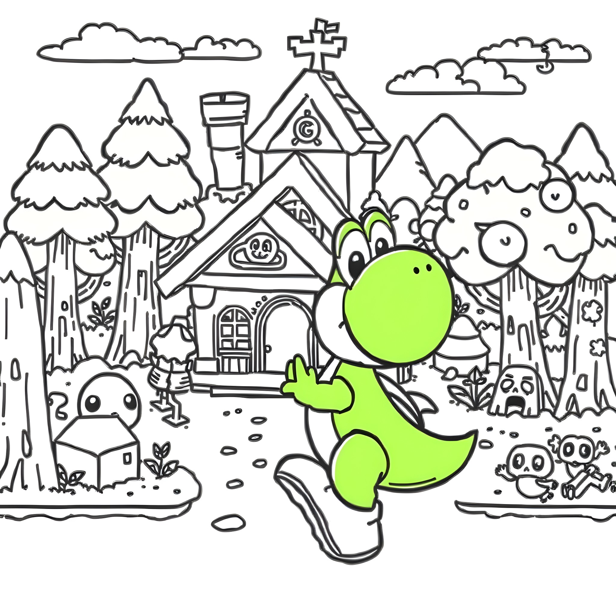 Yoshi's Adventurous Journey through the Enchanted Forest Coloring Page (free black-and-white line drawing printable PDF for all, from beginners to advanced learners, including children, teens, adults, and seniors)