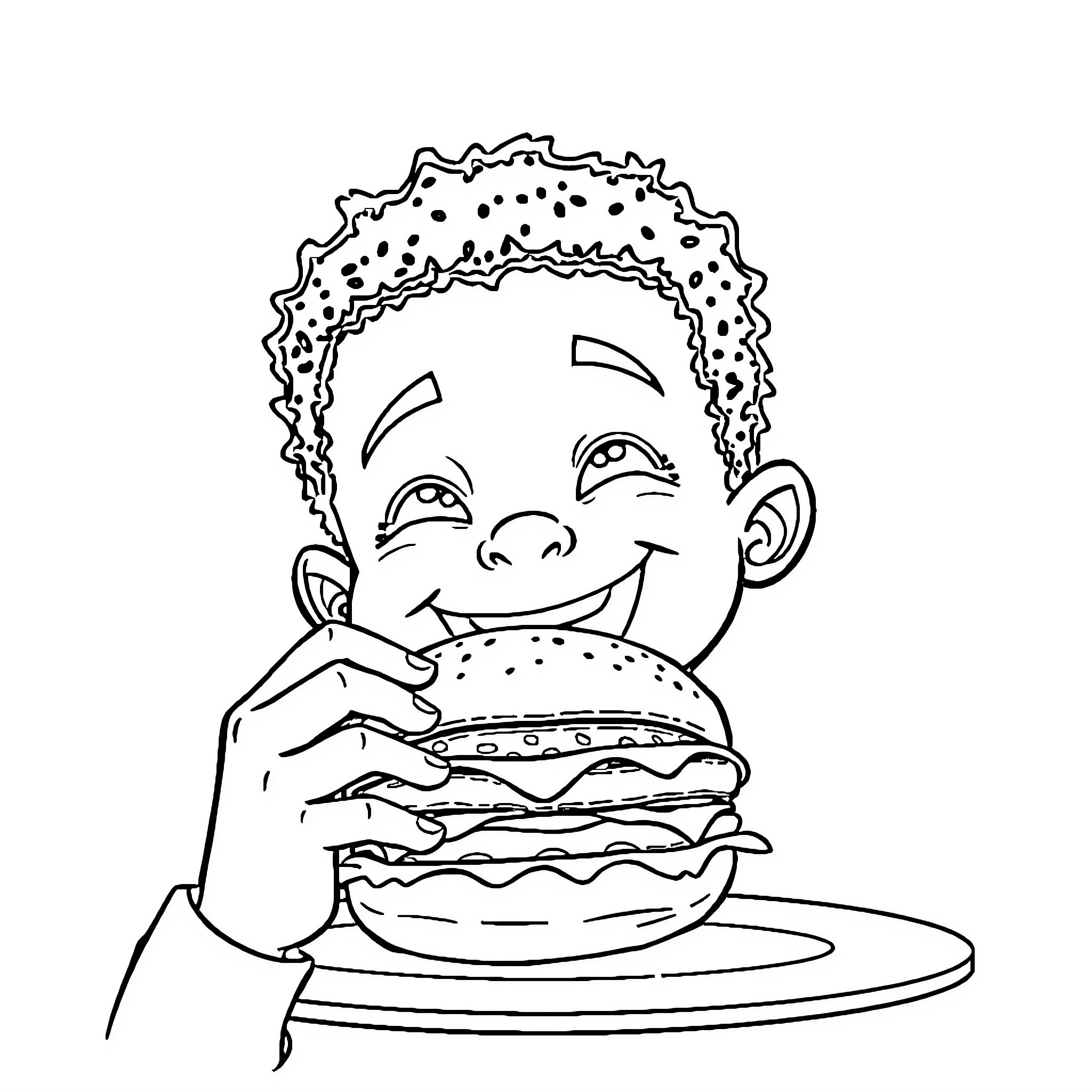 Boy happily eating a large hamburger Coloring Page (free black-and-white line drawing printable PDF for all, from beginners to advanced learners, including children, teens, adults, and seniors)
