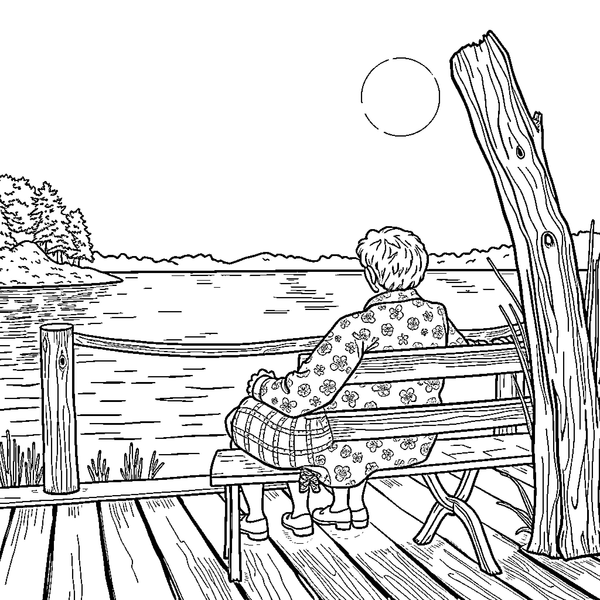 Elderly person enjoying the peaceful lakeside view Coloring Page (free black-and-white line drawing printable PDF for all, from beginners to advanced learners, including children, teens, adults, and seniors)
