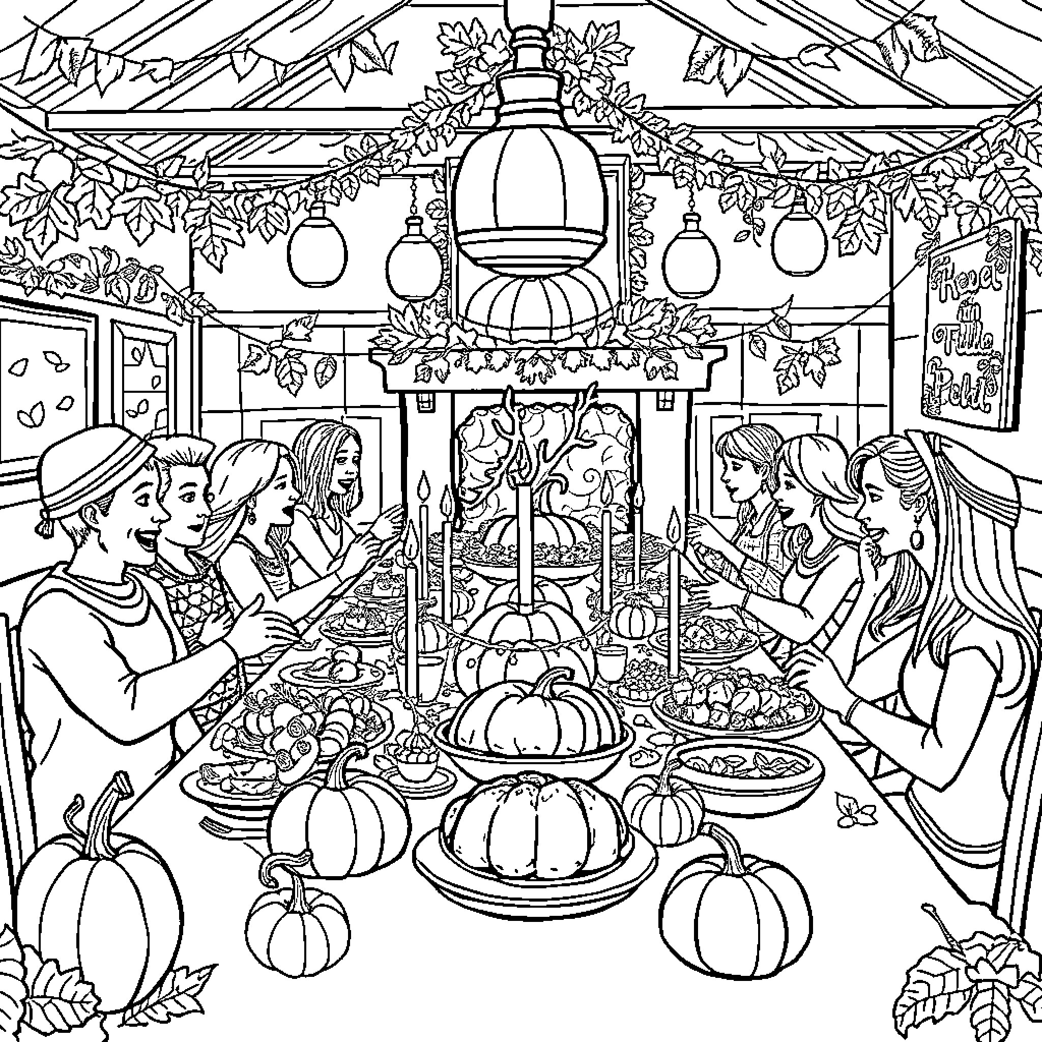 Thanksgiving Celebration with Family and Festive Decor Coloring Page (free black-and-white line drawing printable PDF for all, from beginners to advanced learners, including children, teens, adults, and seniors)