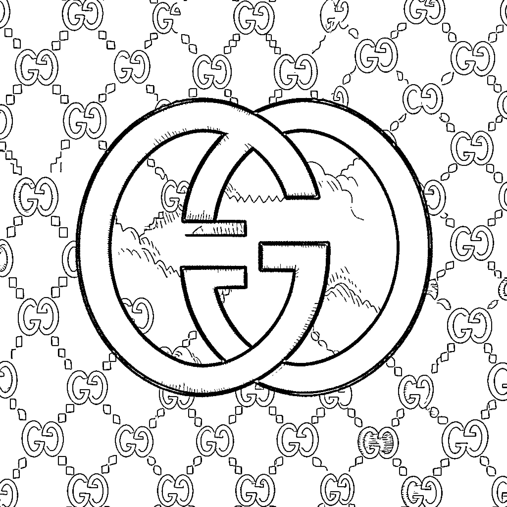 Gucci interlocking logos arranged in a repeating pattern Coloring Page (free black-and-white line drawing printable PDF for all, from beginners to advanced learners, including children, teens, adults, and seniors)