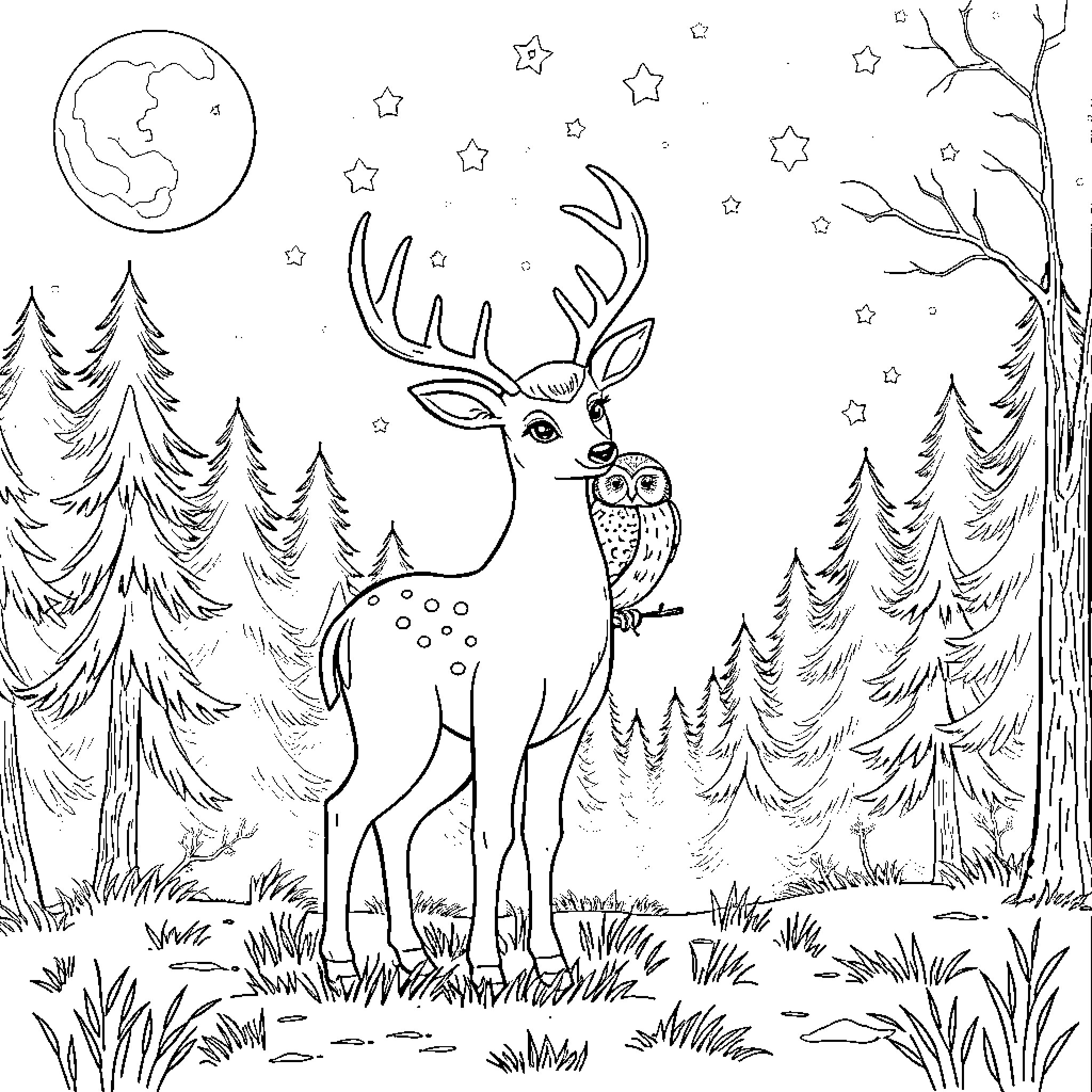 Deer and Owl Exploring the Starry Night Forest Coloring Page (free black-and-white line drawing printable PDF for all, from beginners to advanced learners, including children, teens, adults, and seniors)