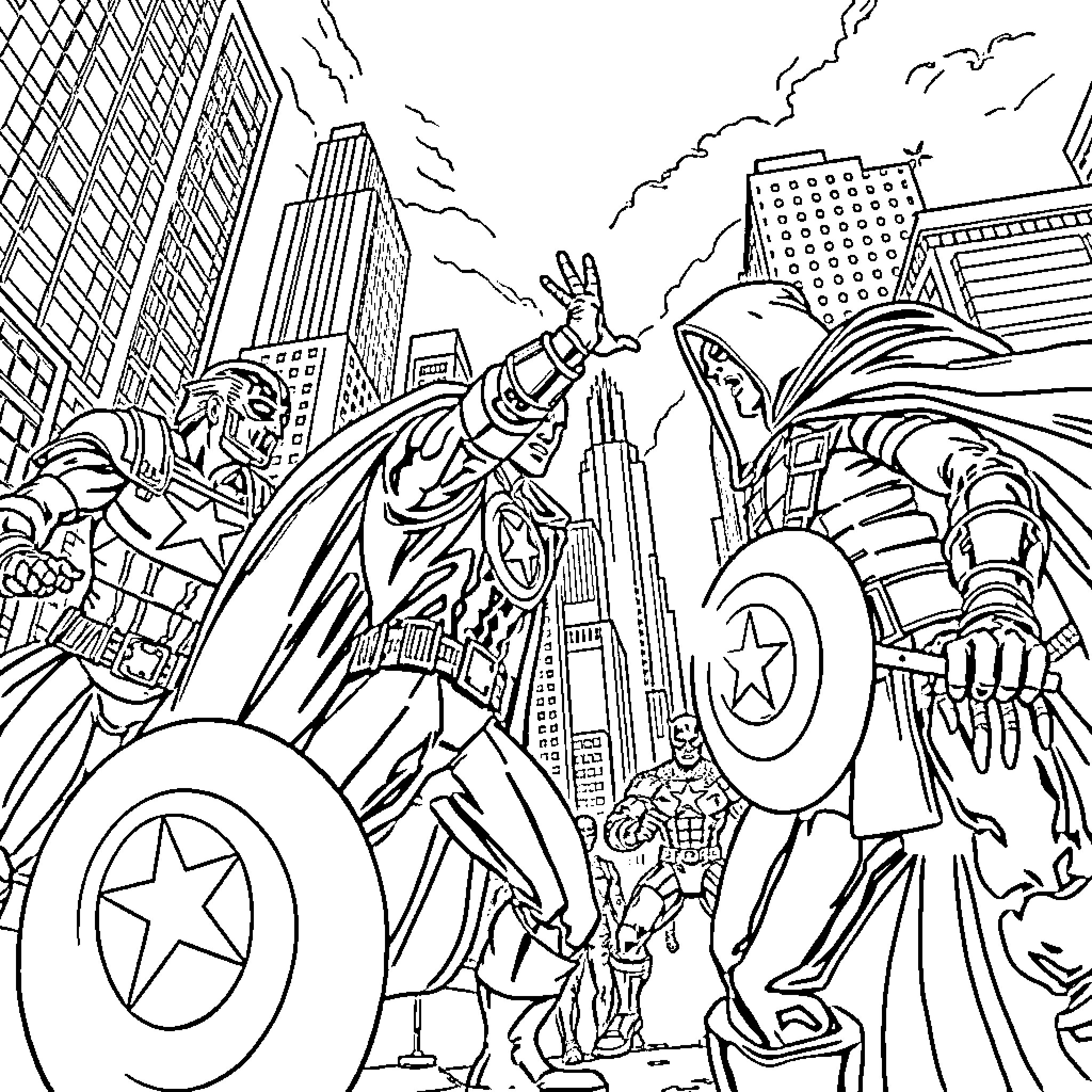 Avenger Heroes Battle in the Vibrant City Coloring Page (free black-and-white line drawing printable PDF for all, from beginners to advanced learners, including children, teens, adults, and seniors)