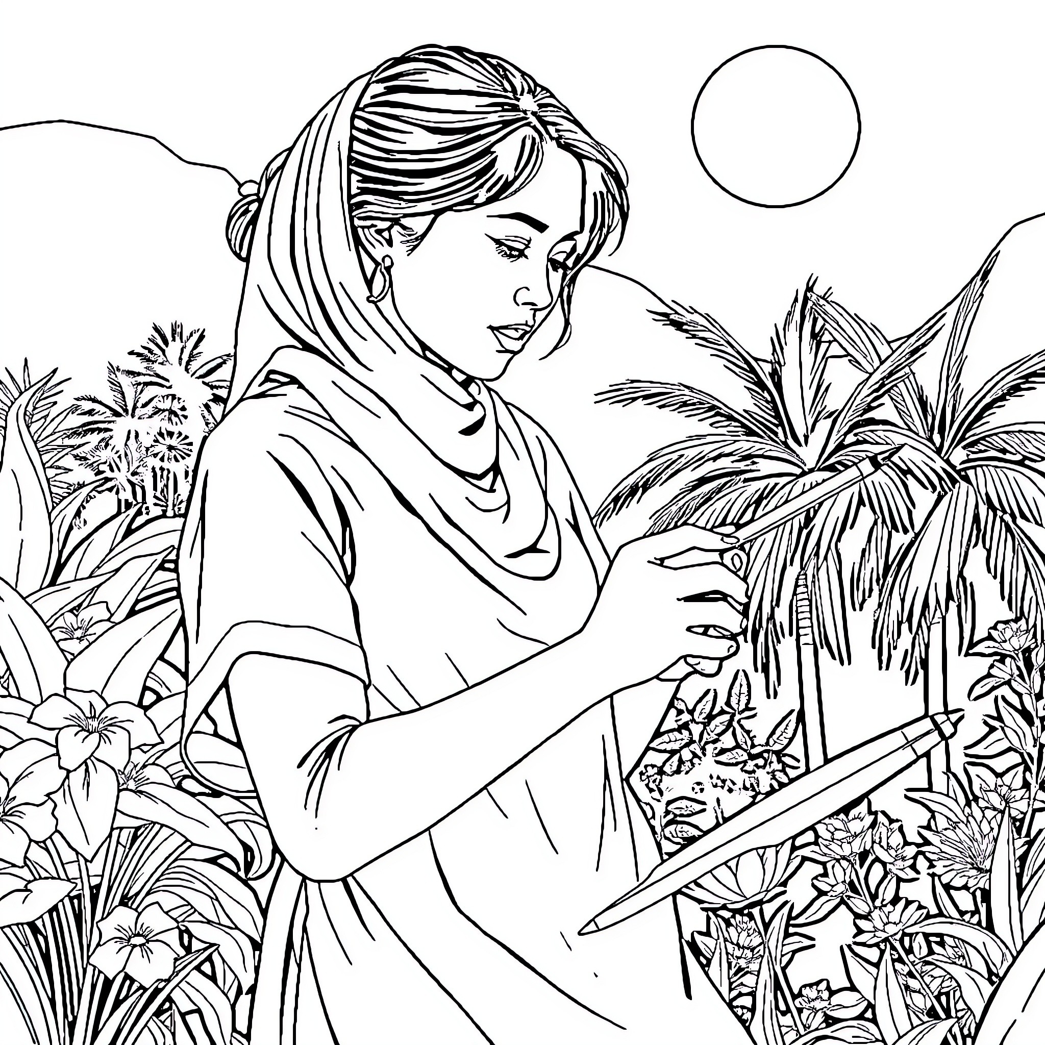 Skateboard rider exploring tropical landscape Coloring Page (free black-and-white line drawing printable PDF for all, from beginners to advanced learners, including children, teens, adults, and seniors)