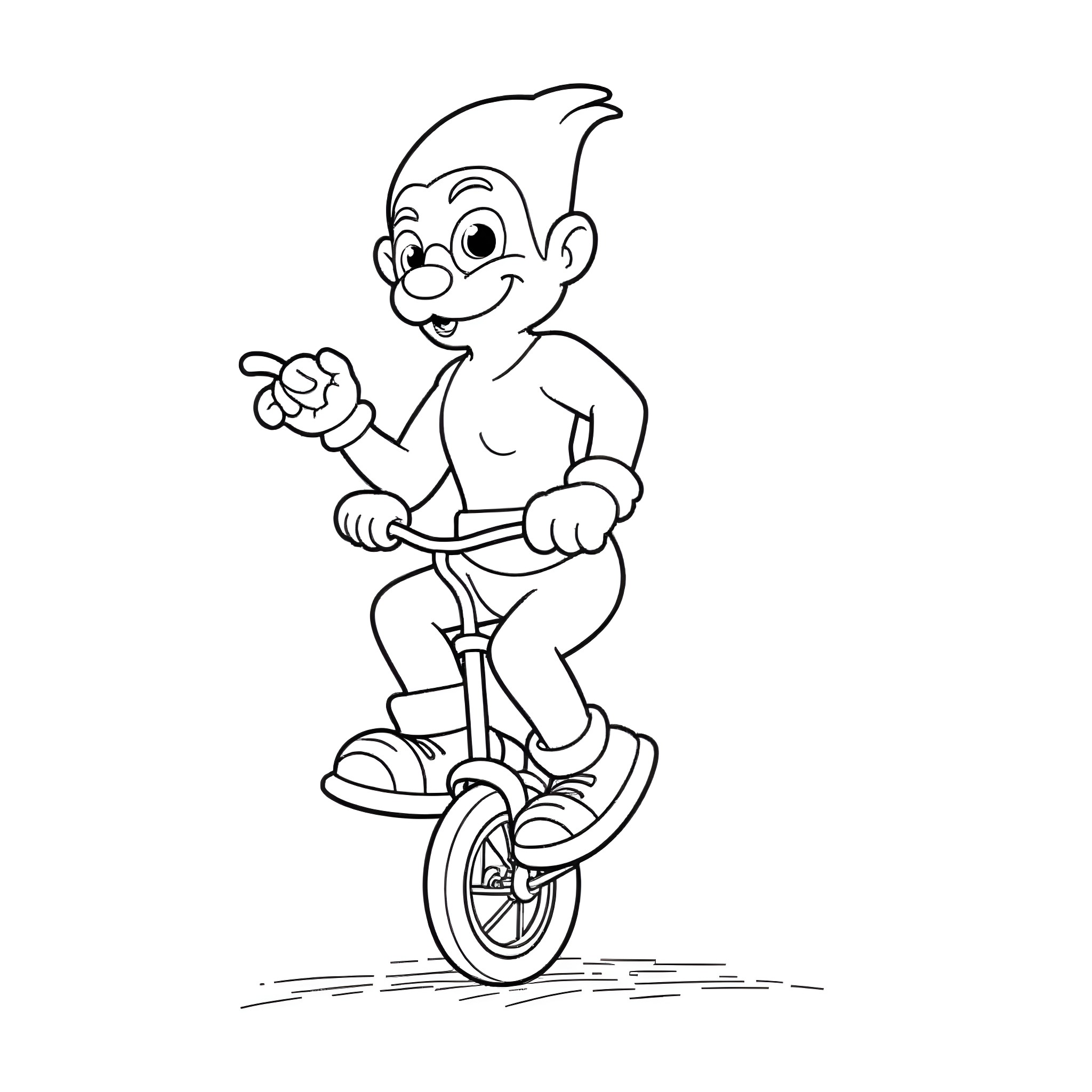 Gonzo riding a unicycle with excitement Coloring Page (free black-and-white line drawing printable PDF for all, from beginners to advanced learners, including children, teens, adults, and seniors)