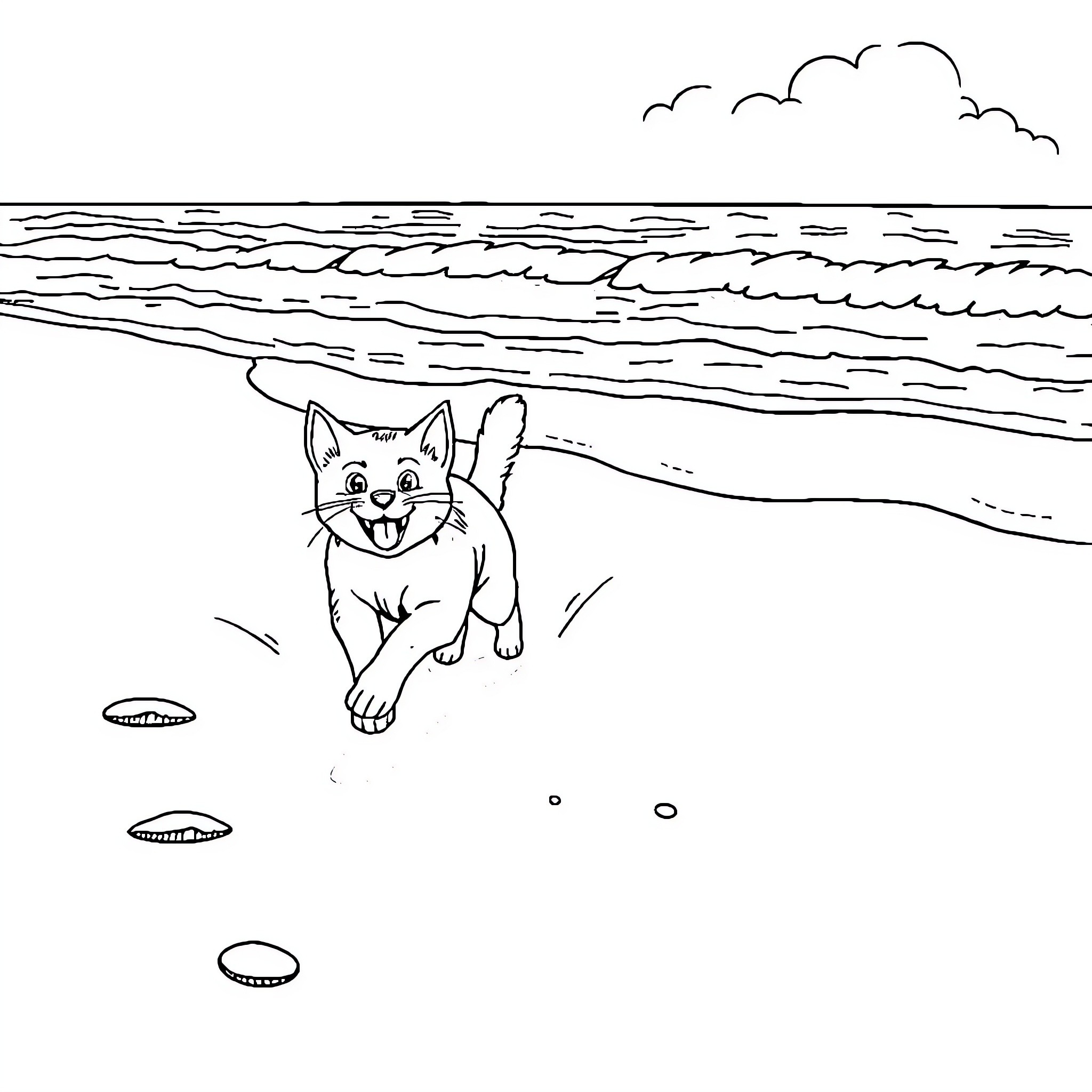 Cat exploring the beach by the ocean Coloring Page (free black-and-white line drawing printable PDF for all, from beginners to advanced learners, including children, teens, adults, and seniors)