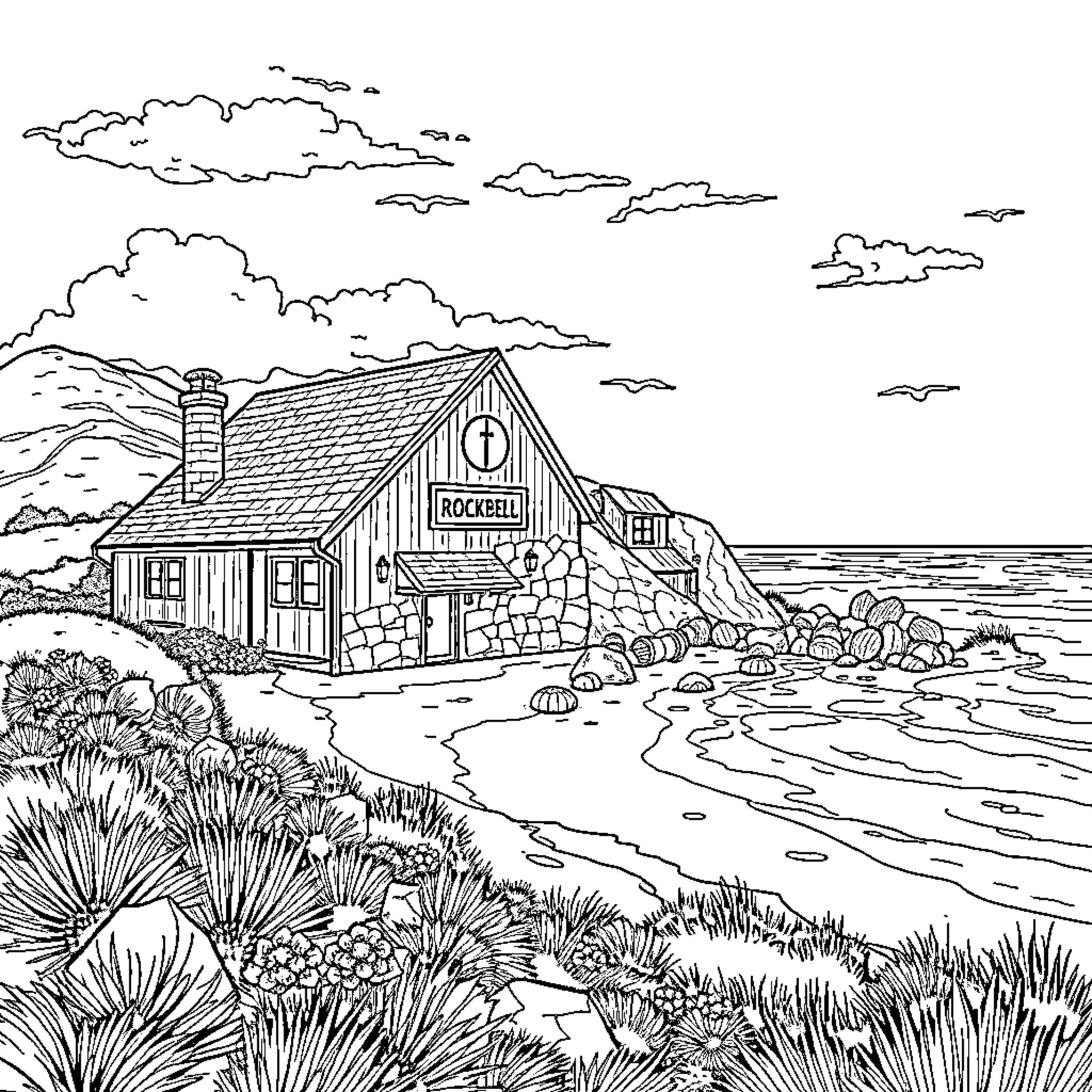 Winery along the rocky coastline with beach vegetation Coloring Page (free black-and-white line drawing printable PDF for all, from beginners to advanced learners, including children, teens, adults, and seniors)