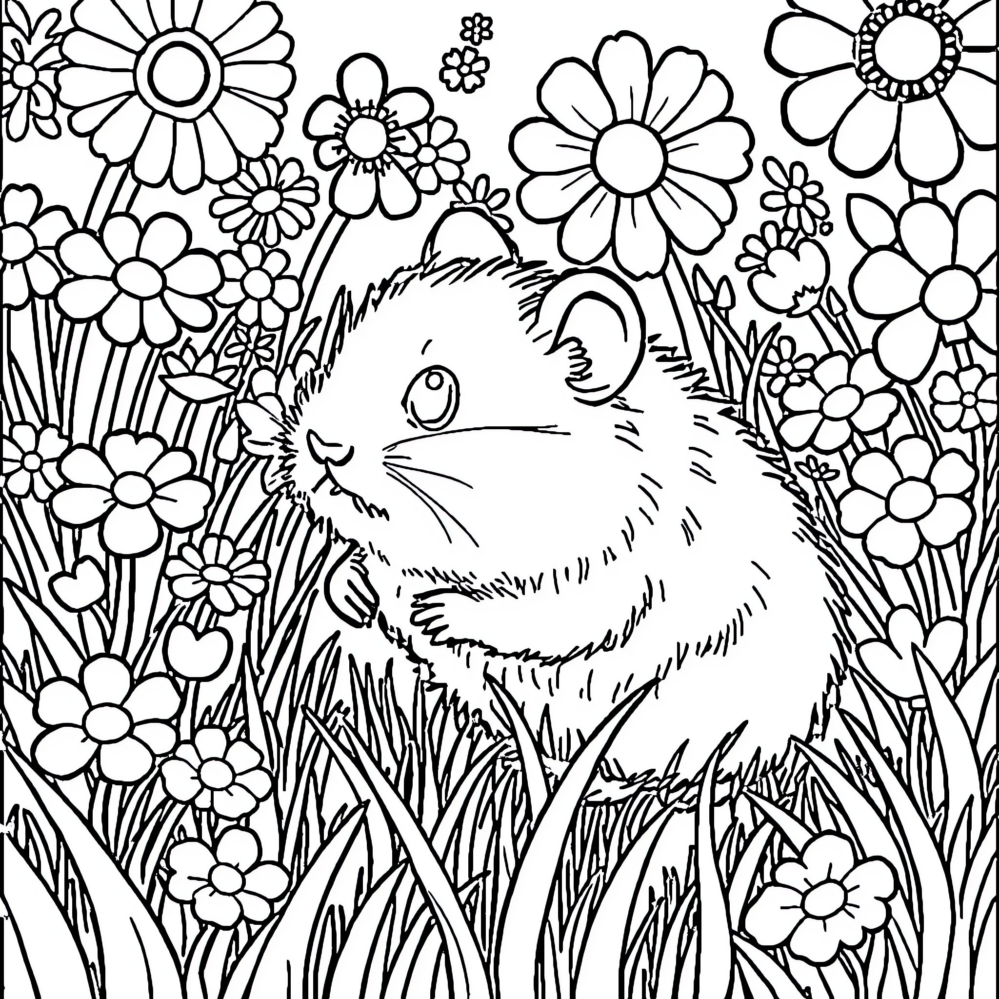 Hamtaro in a Flowery Garden Coloring Page (free black-and-white line drawing printable PDF for all, from beginners to advanced learners, including children, teens, adults, and seniors)