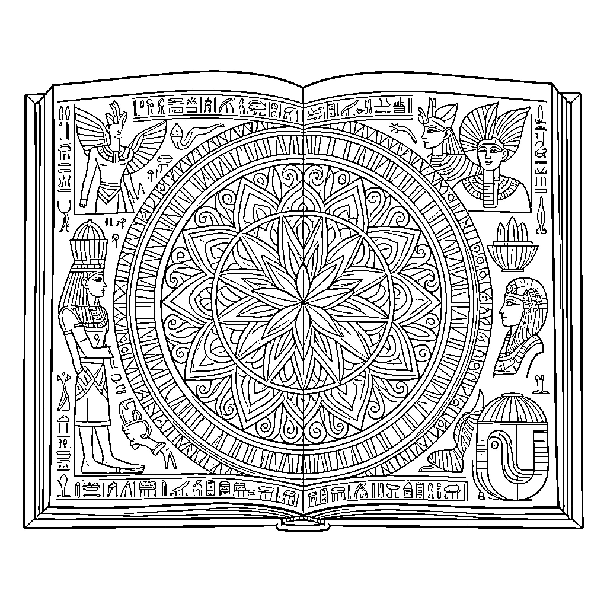 Mandalas Inspired by Ancient Egyptian Symbolism Coloring Page (free black-and-white line drawing printable PDF for all, from beginners to advanced learners, including children, teens, adults, and seniors)