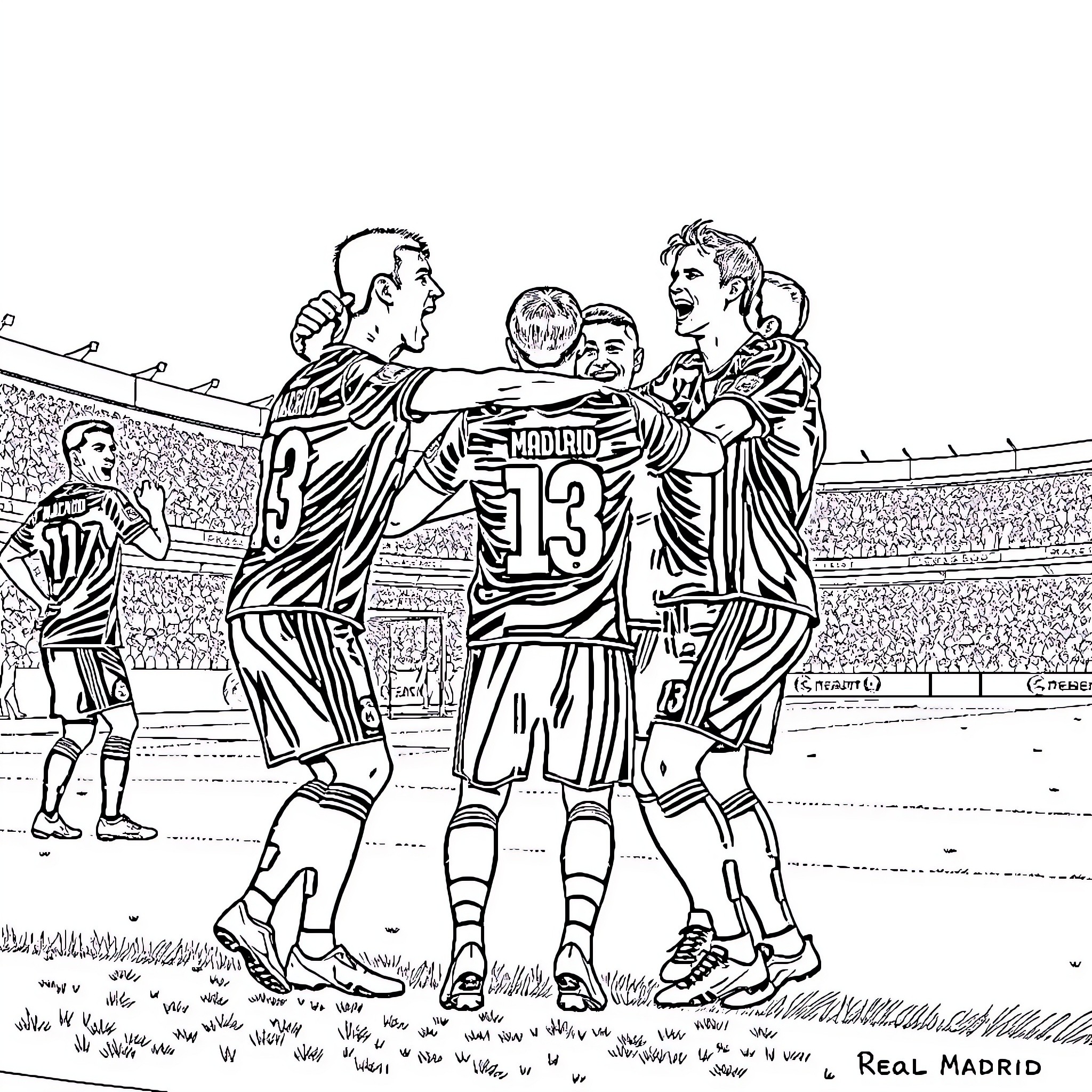 Real Madrid players celebrating a victory on the field Coloring Page (free black-and-white line drawing printable PDF for all, from beginners to advanced learners, including children, teens, adults, and seniors)