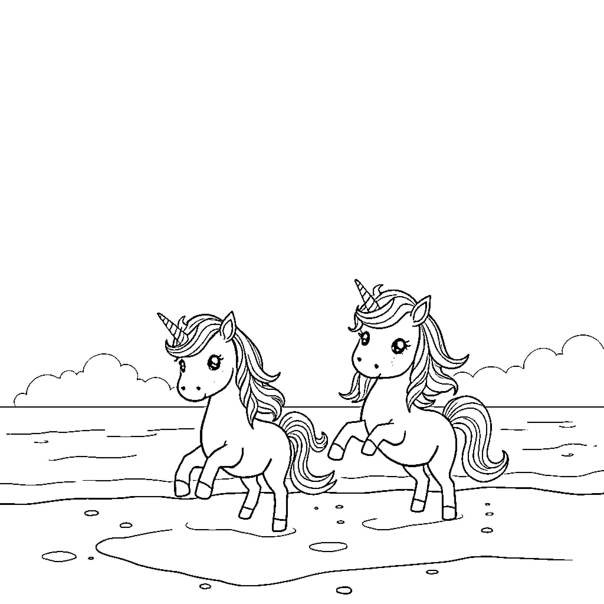 Unicorn friends frolicking on the beach Coloring Page (free black-and-white line drawing printable PDF for all, from beginners to advanced learners, including children, teens, adults, and seniors)