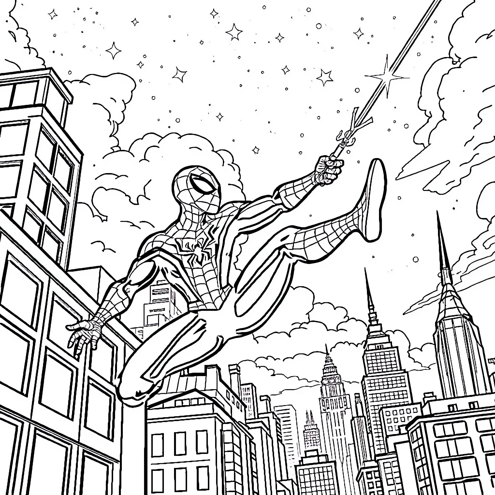 Spider-Man swinging through the city skyline Coloring Page (free black-and-white line drawing printable PDF for all, from beginners to advanced learners, including children, teens, adults, and seniors)