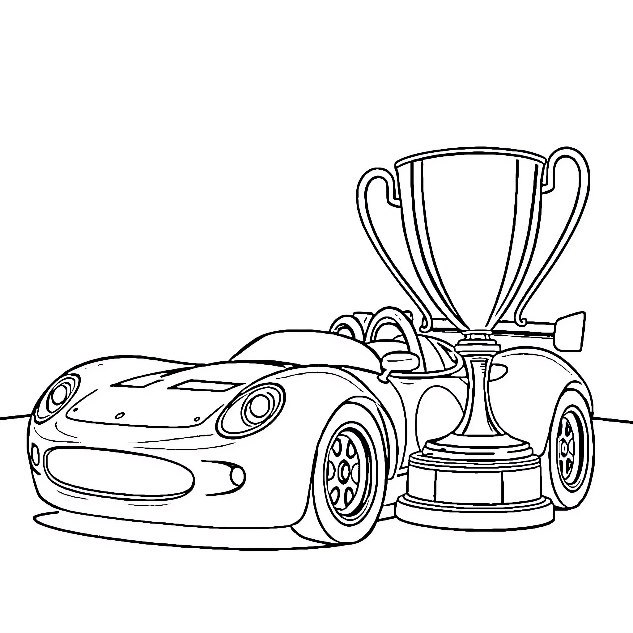 Race Car Winning the Trophy Coloring Page (free black-and-white line drawing printable PDF for all, from beginners to advanced learners, including children, teens, adults, and seniors)