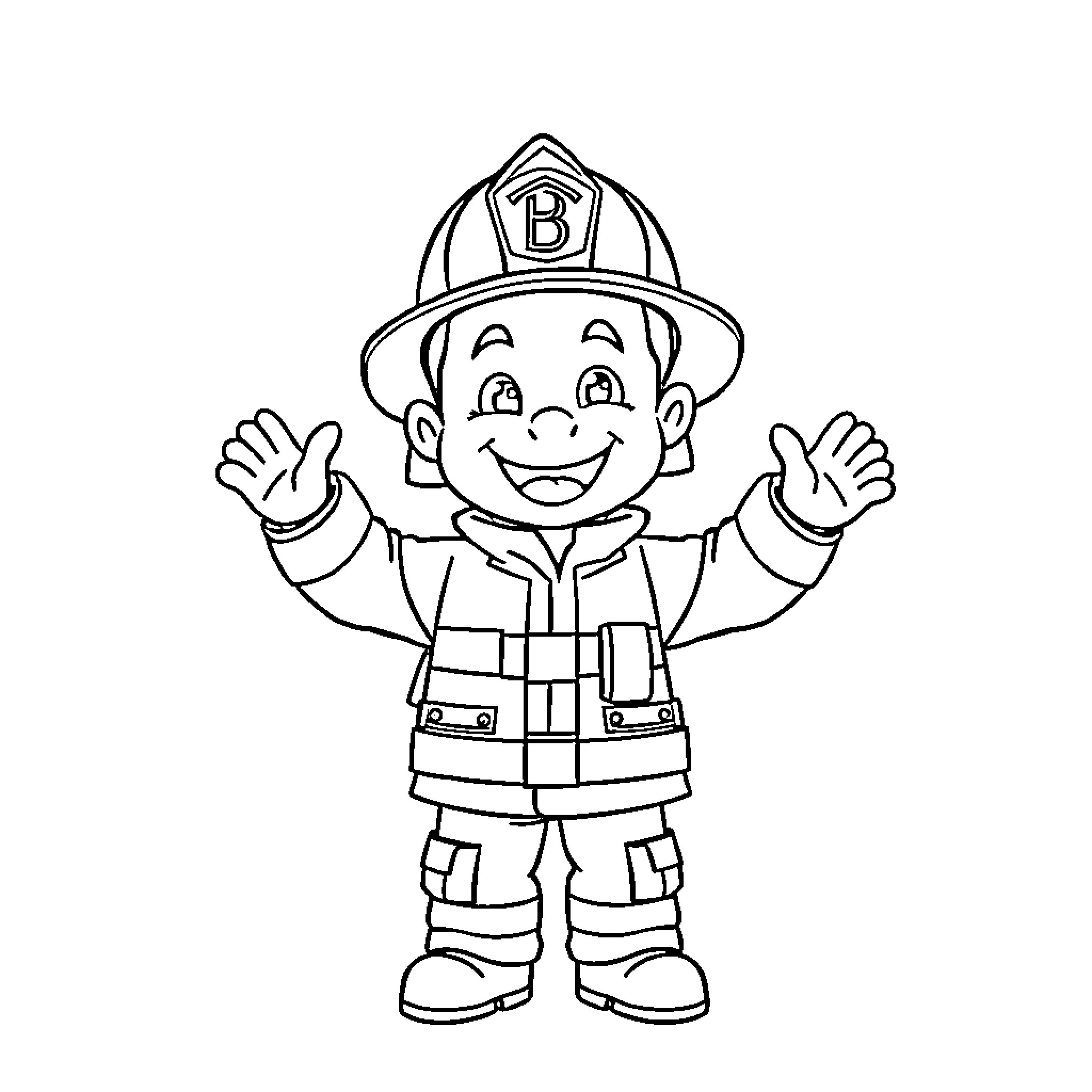 Firefighter child waving enthusiastically in uniform Coloring Page (free black-and-white line drawing printable PDF for all, from beginners to advanced learners, including children, teens, adults, and seniors)