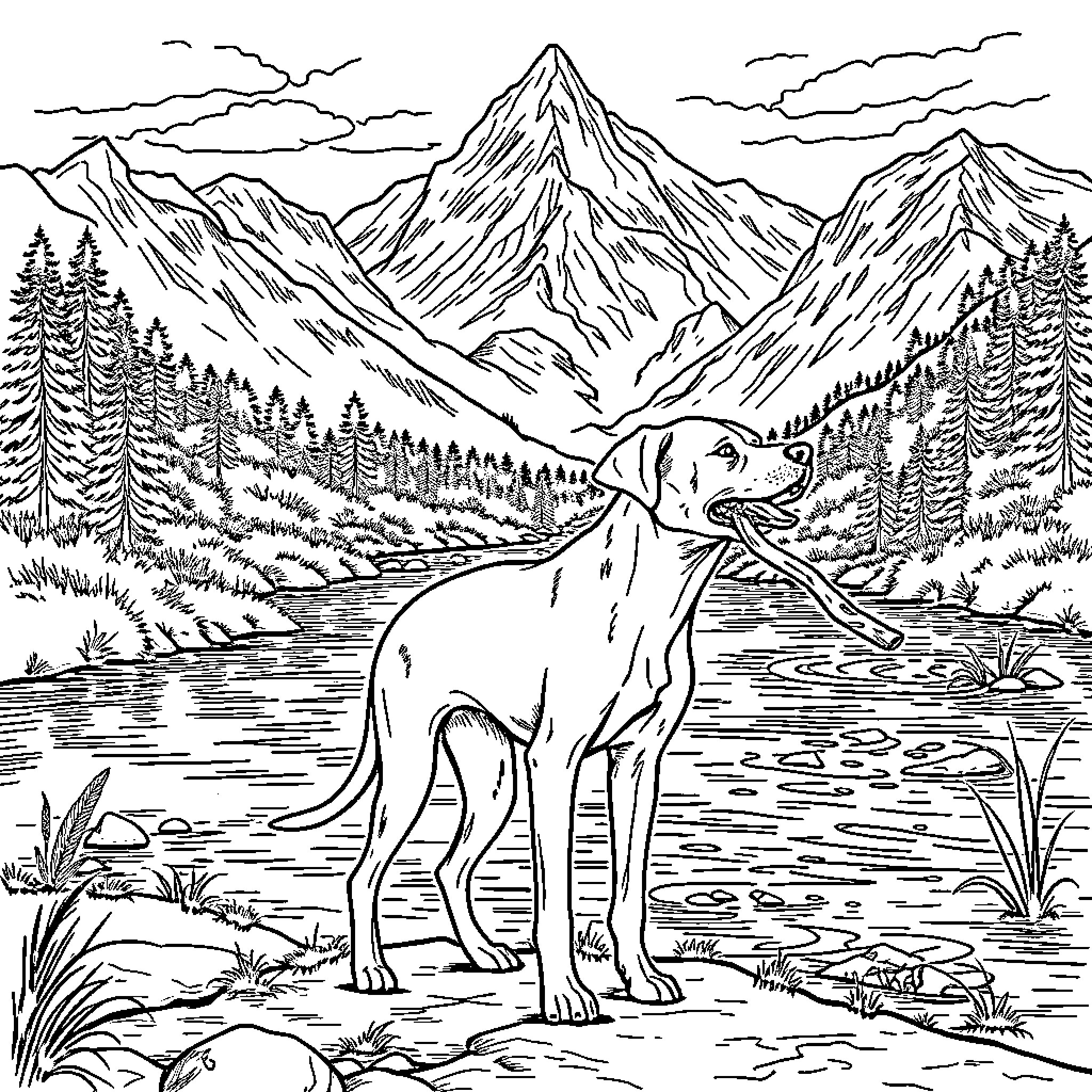 Labrador exploring a majestic mountain landscape Coloring Page (free black-and-white line drawing printable PDF for all, from beginners to advanced learners, including children, teens, adults, and seniors)
