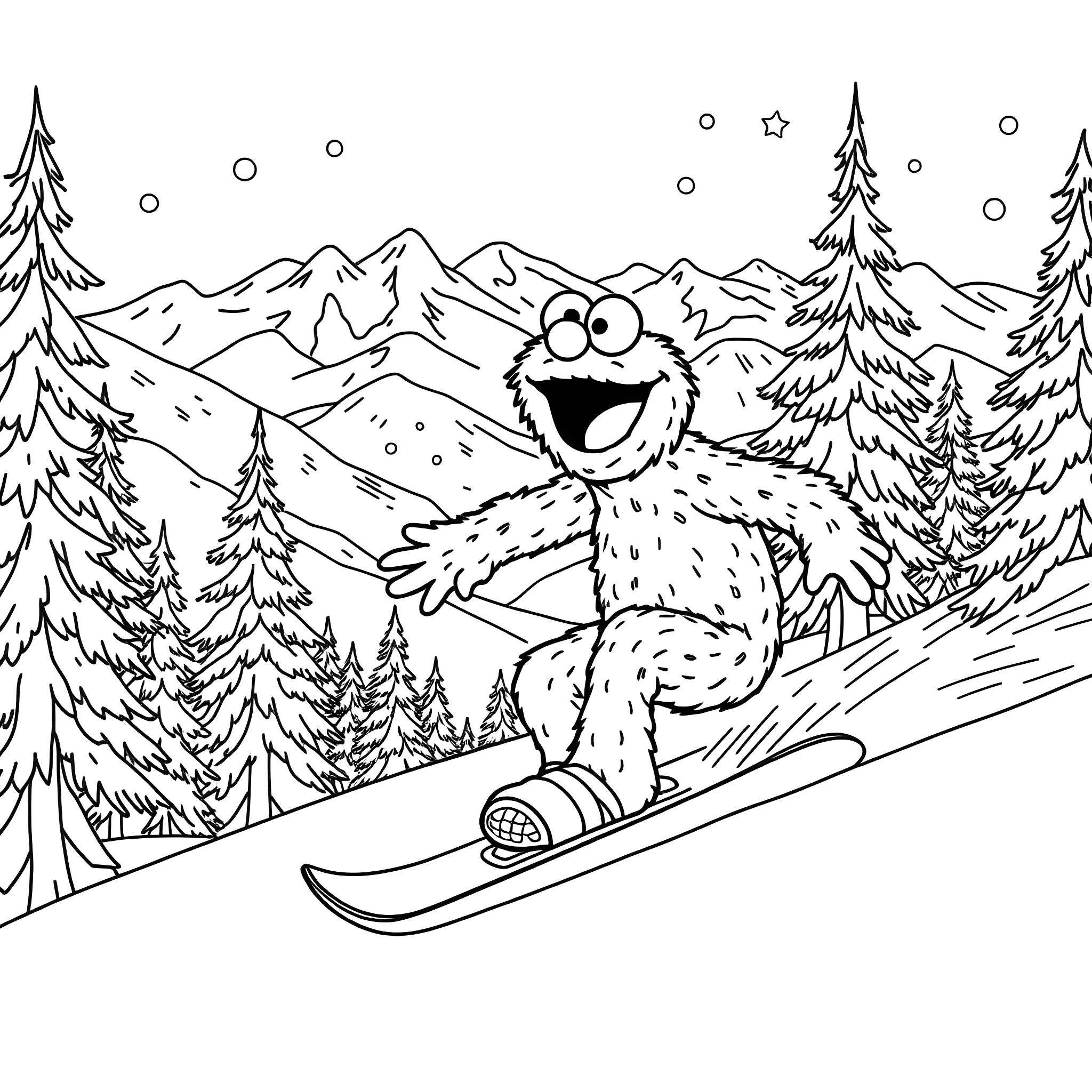 Cookie Monster snowboarding in the mountains Coloring Page (free black-and-white line drawing printable PDF for all, from beginners to advanced learners, including children, teens, adults, and seniors)