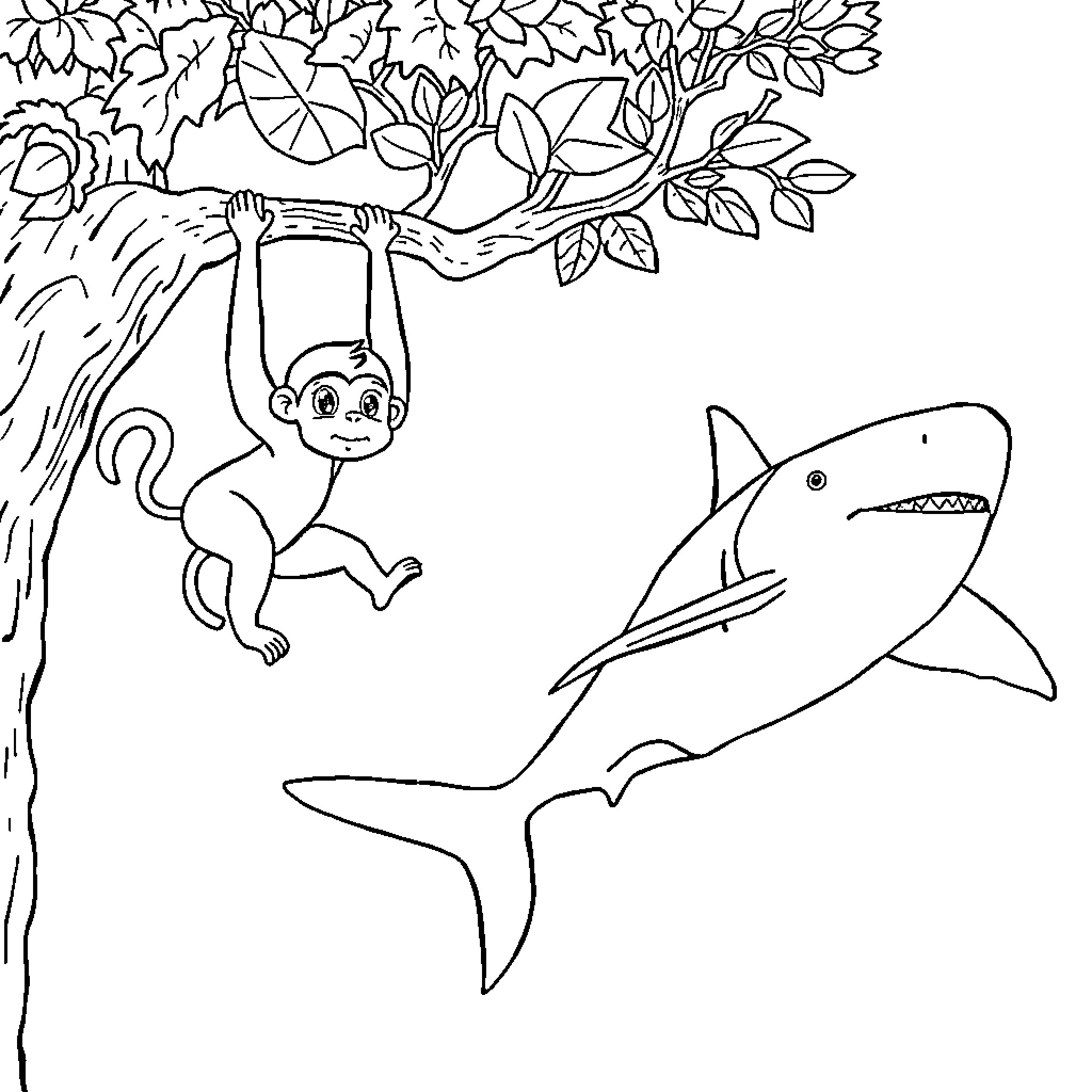 Shark chasing monkey in jungle scene Coloring Page (free black-and-white line drawing printable PDF for all, from beginners to advanced learners, including children, teens, adults, and seniors)