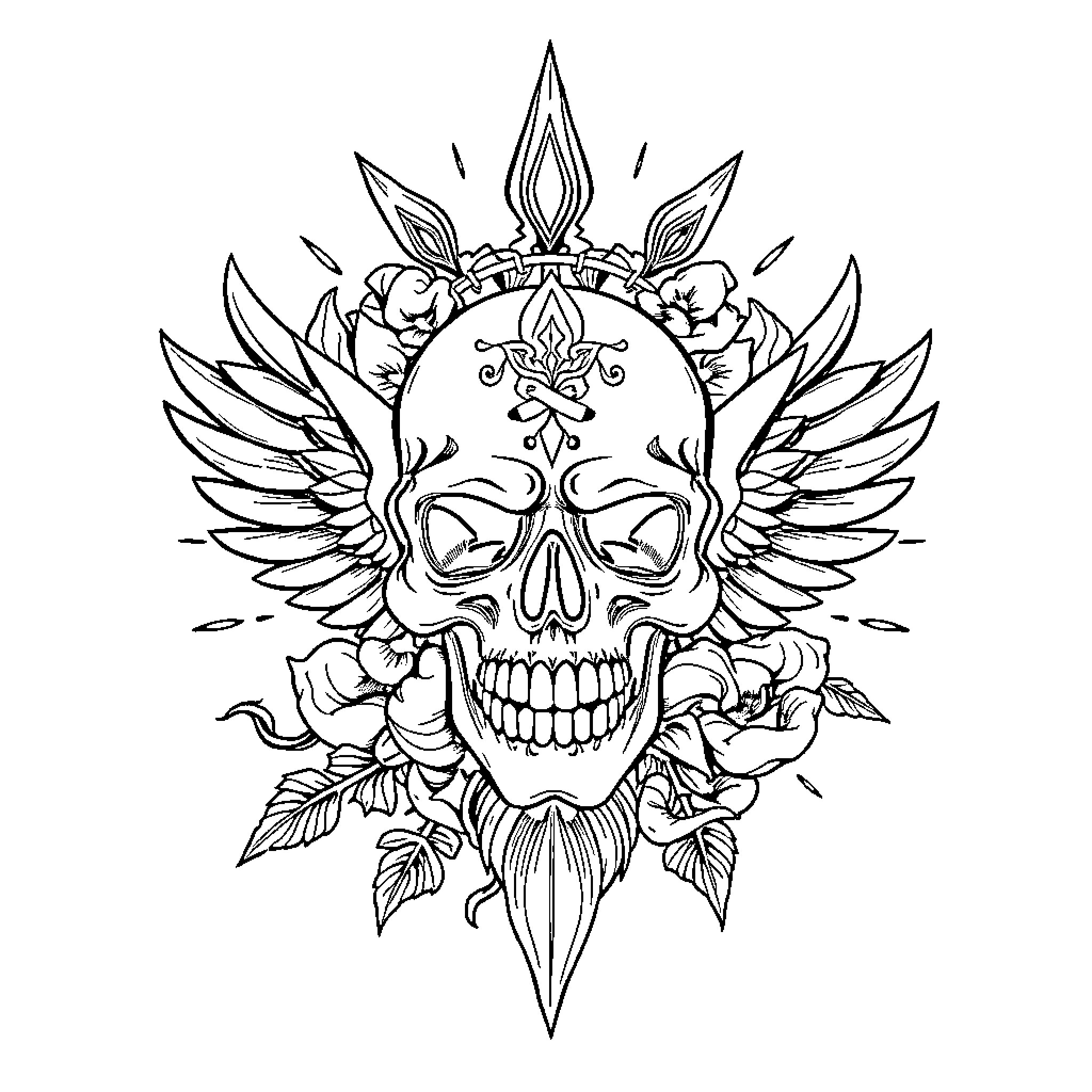 Tattoo of winged skull with floral elements Coloring Page (free black-and-white line drawing printable PDF for all, from beginners to advanced learners, including children, teens, adults, and seniors)
