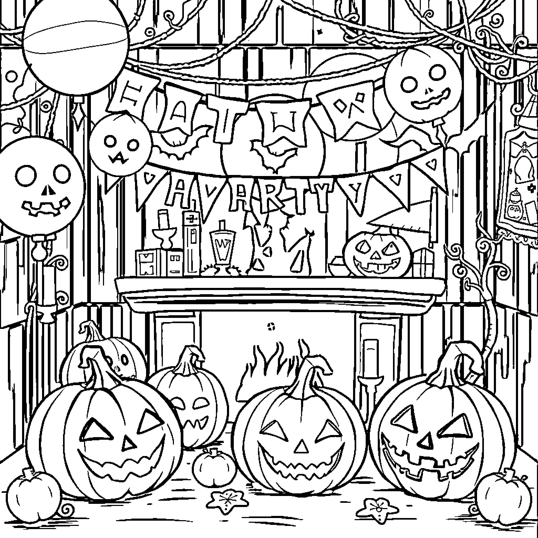 Halloween Party Fun and Festivities Coloring Page (free black-and-white line drawing printable PDF for all, from beginners to advanced learners, including children, teens, adults, and seniors)