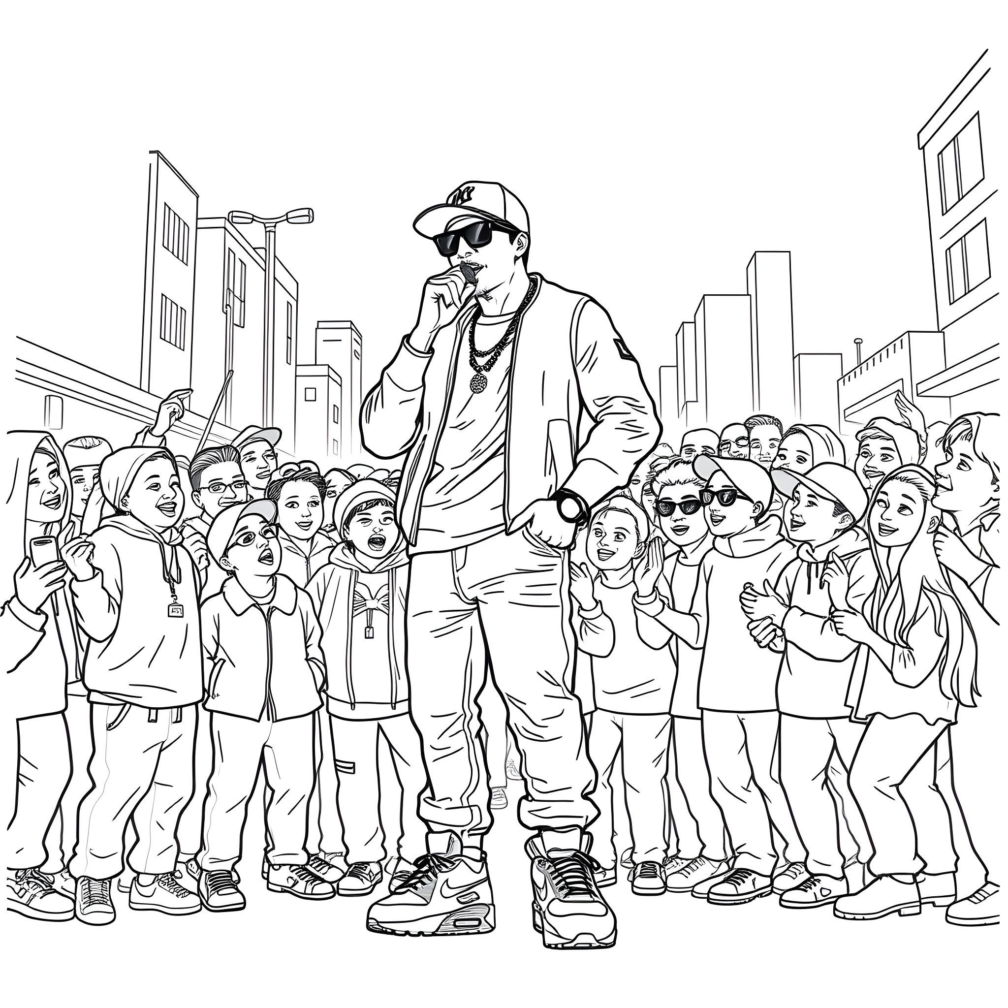 Rapper Performing for Enthusiastic Crowd Coloring Page (free black-and-white line drawing printable PDF for all, from beginners to advanced learners, including children, teens, adults, and seniors)