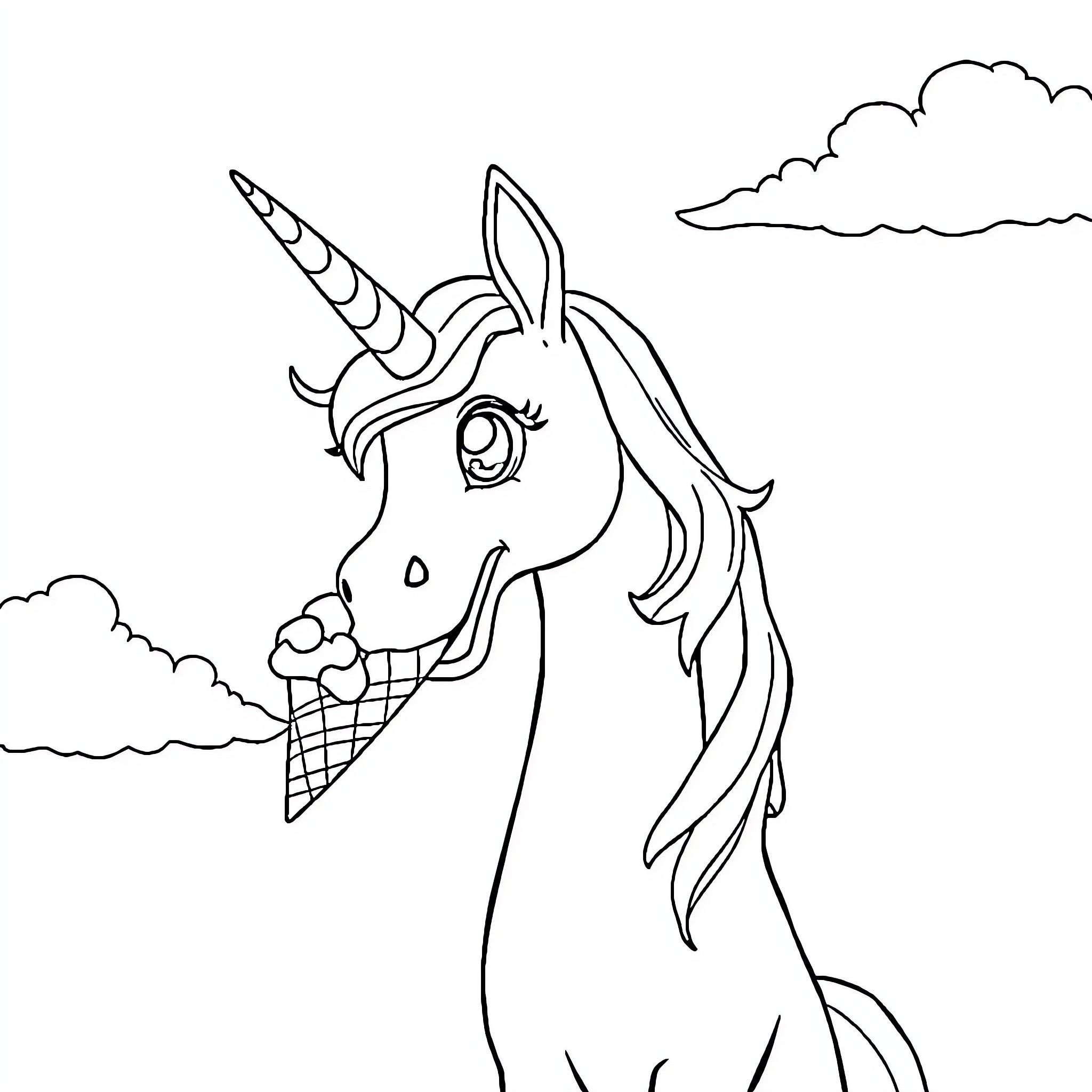 Unicorn enjoying an ice cream cone in the clouds Coloring Page (free black-and-white line drawing printable PDF for all, from beginners to advanced learners, including children, teens, adults, and seniors)