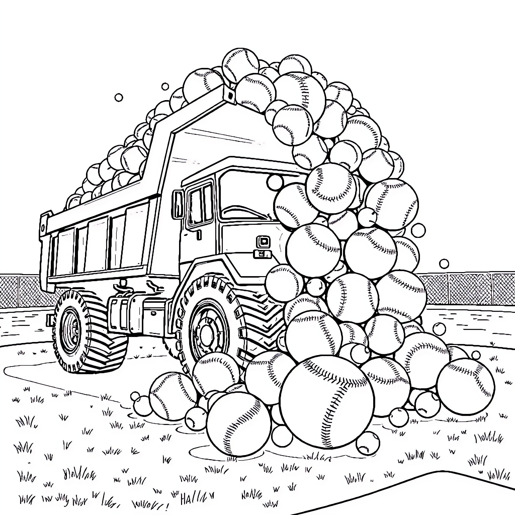 Dump Truck Carrying a Load of Baseballs Coloring Page (free black-and-white line drawing printable PDF for all, from beginners to advanced learners, including children, teens, adults, and seniors)