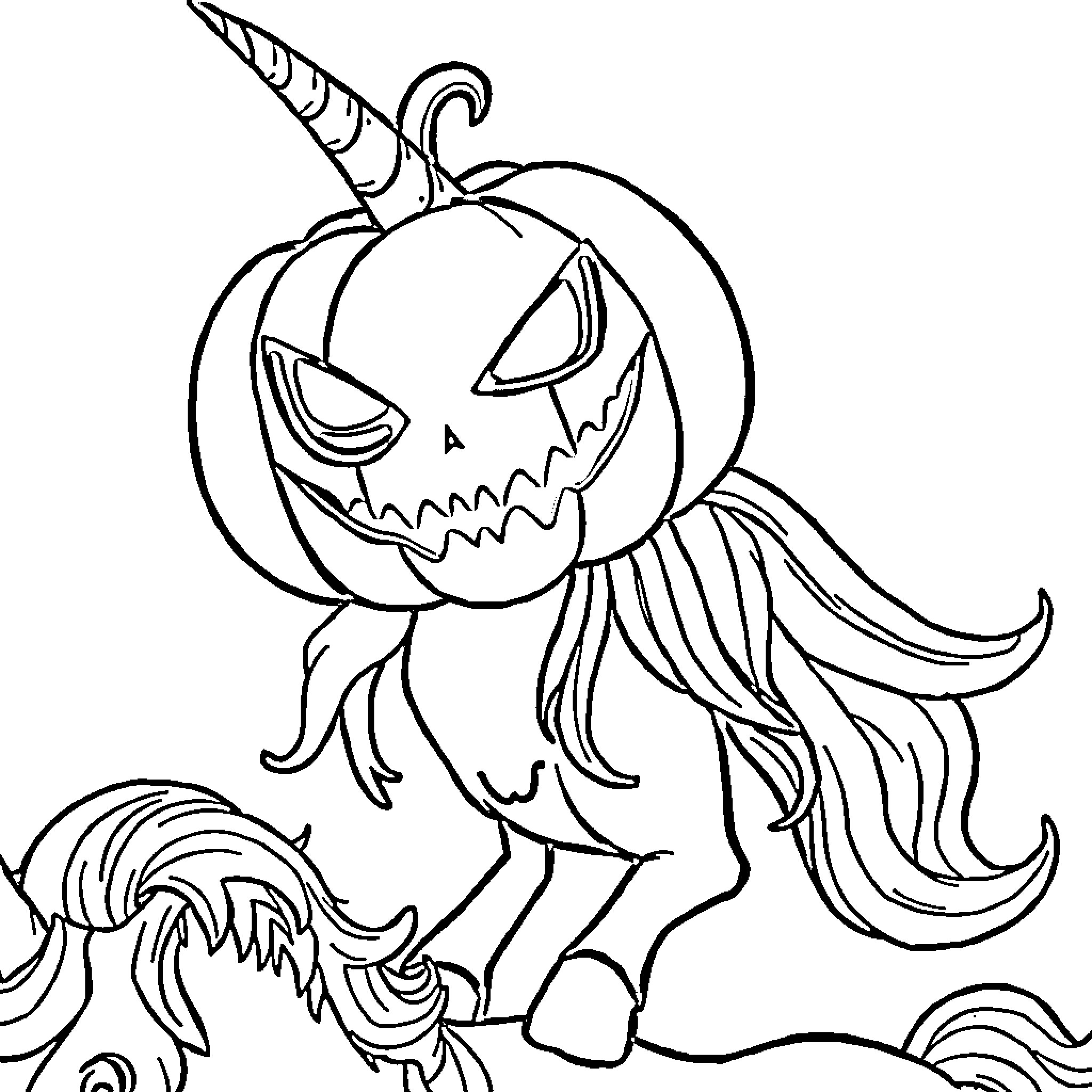 Pumpkin-headed creature with flowing hair and horns Coloring Page (free black-and-white line drawing printable PDF for all, from beginners to advanced learners, including children, teens, adults, and seniors)