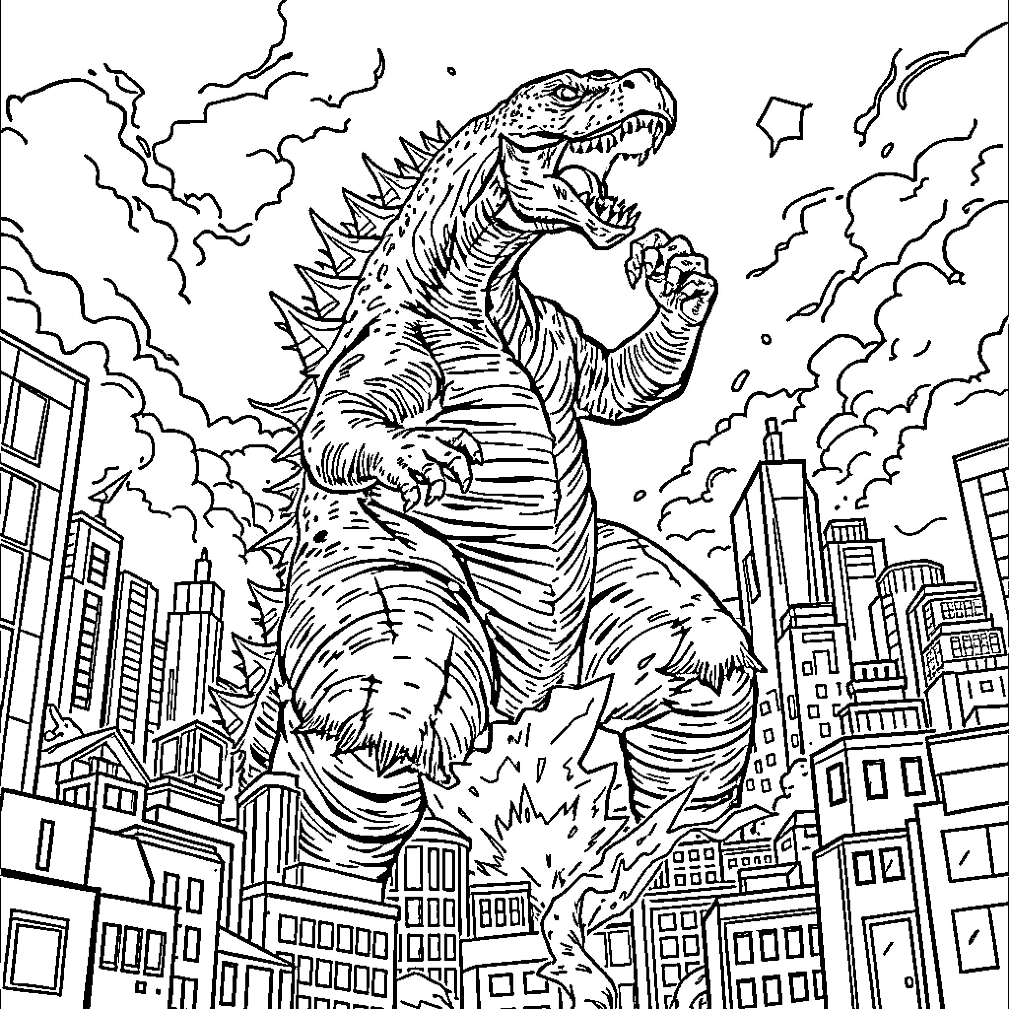 Godzilla rampaging through the city Coloring Page (free black-and-white line drawing printable PDF for all, from beginners to advanced learners, including children, teens, adults, and seniors)