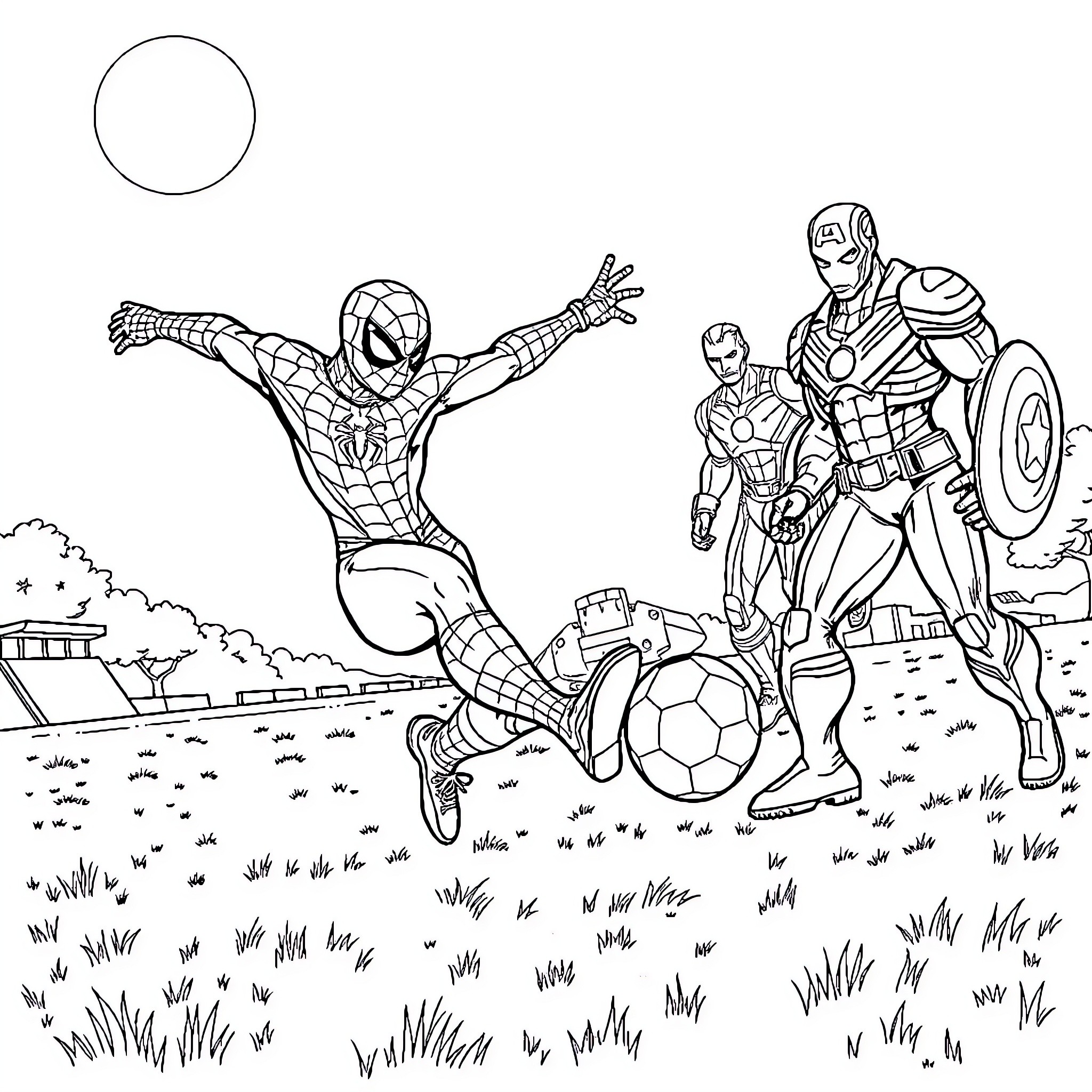 Spiderman Swinging and Iron Man Protecting on Soccer Field Coloring Page (free black-and-white line drawing printable PDF for all, from beginners to advanced learners, including children, teens, adults, and seniors)
