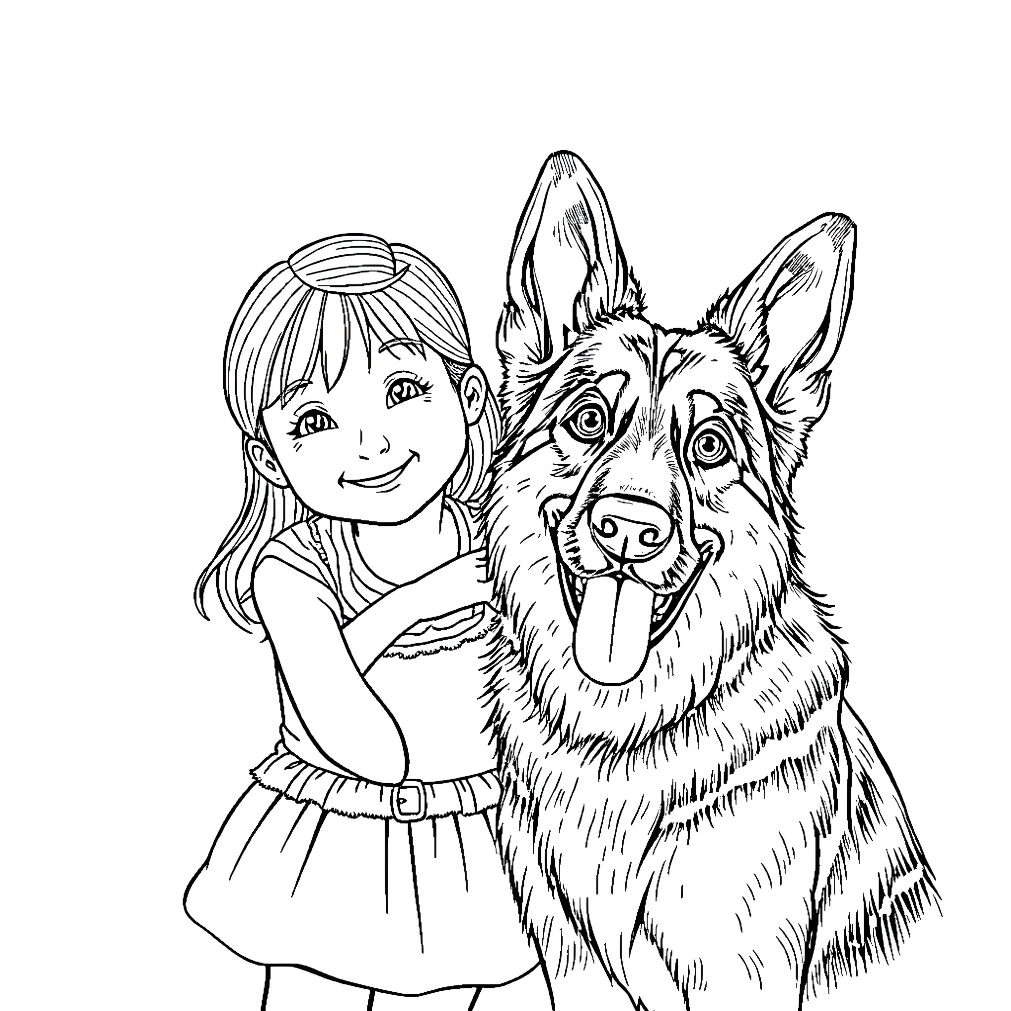 Girl Hugging Friendly Dog Joyfully Coloring Page (free black-and-white line drawing printable PDF for all, from beginners to advanced learners, including children, teens, adults, and seniors)