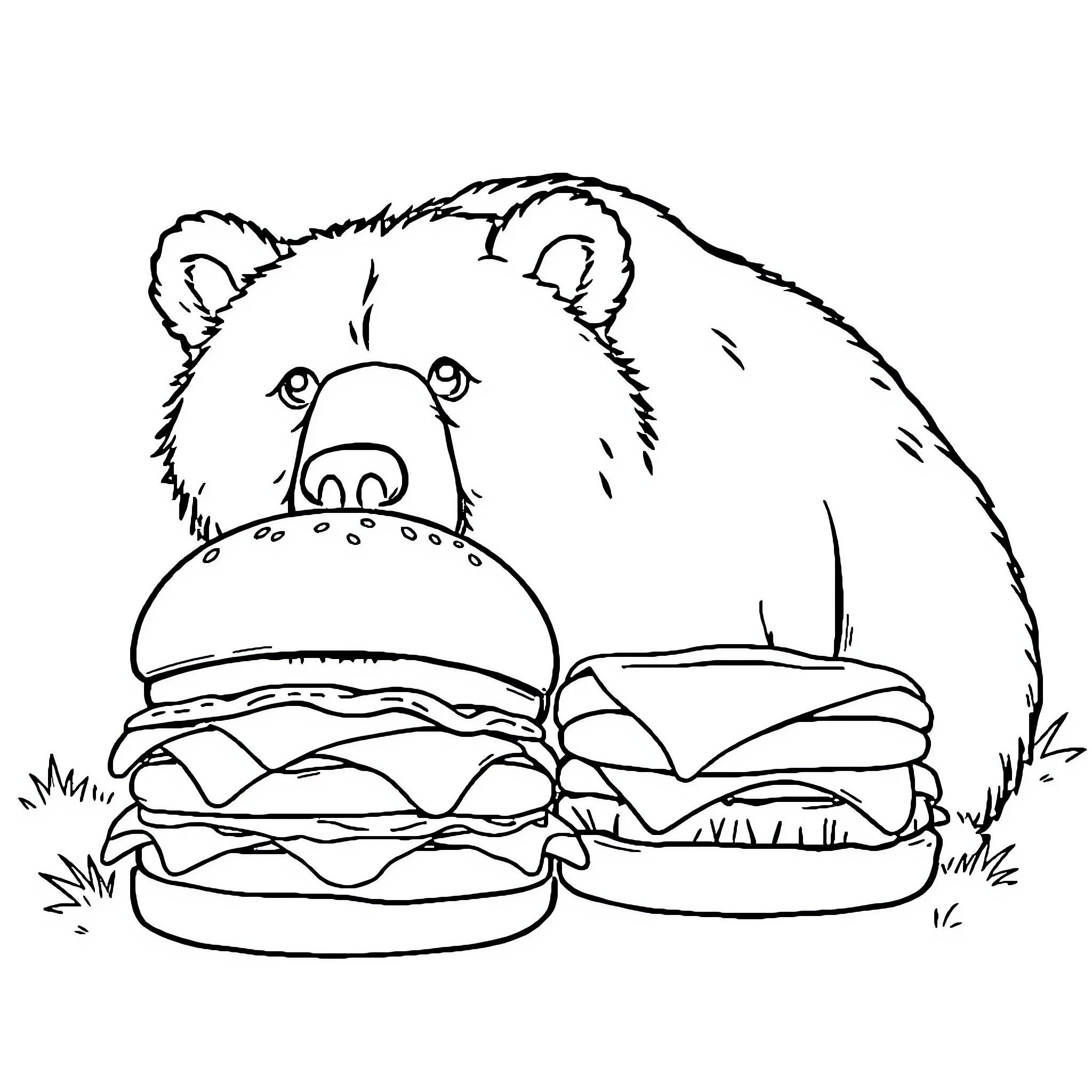 Burger-Loving Bear Feasts on Tasty Burgers Coloring Page (free black-and-white line drawing printable PDF for all, from beginners to advanced learners, including children, teens, adults, and seniors)