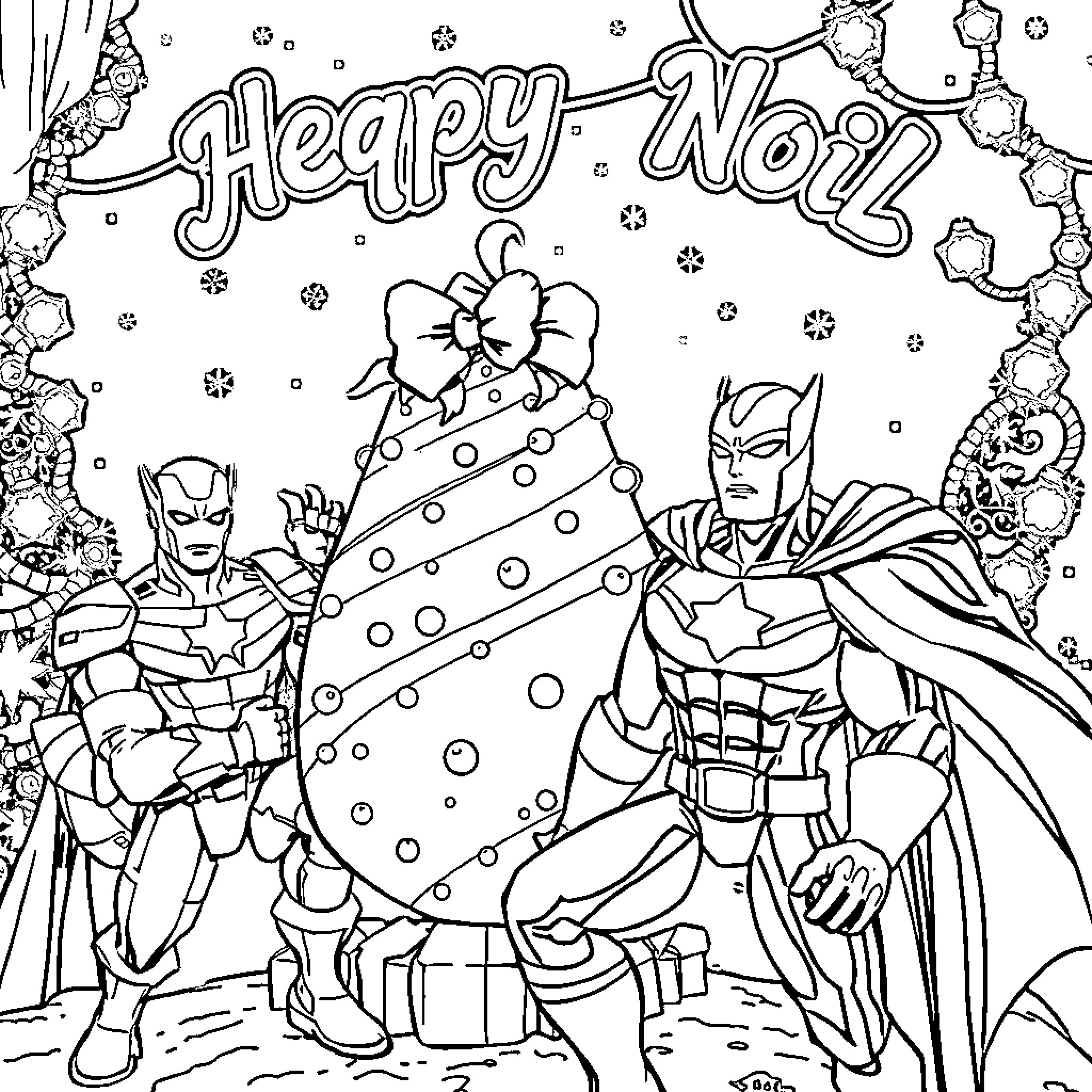 Marvel Superhero Celebrate Happy New Year with Presents Coloring Page (free black-and-white line drawing printable PDF for all, from beginners to advanced learners, including children, teens, adults, and seniors)