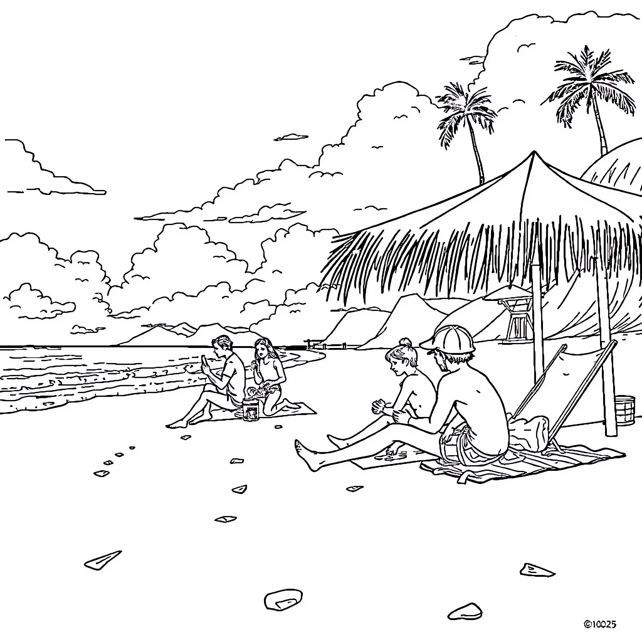 Stranger Things Enjoying a Beach Getaway Coloring Page (free black-and-white line drawing printable PDF for all, from beginners to advanced learners, including children, teens, adults, and seniors)