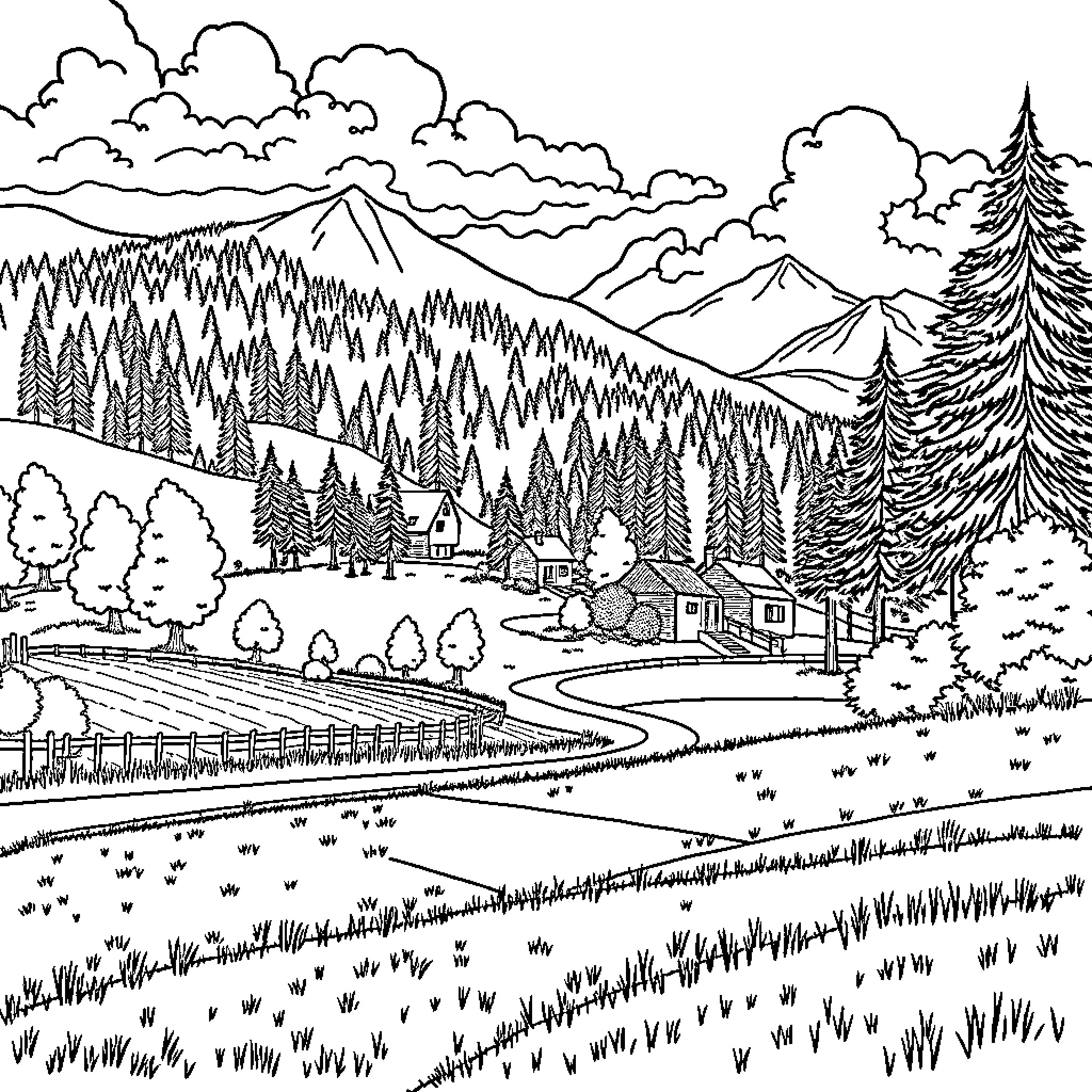 Village nestled in a scenic mountain landscape Coloring Page (free black-and-white line drawing printable PDF for all, from beginners to advanced learners, including children, teens, adults, and seniors)