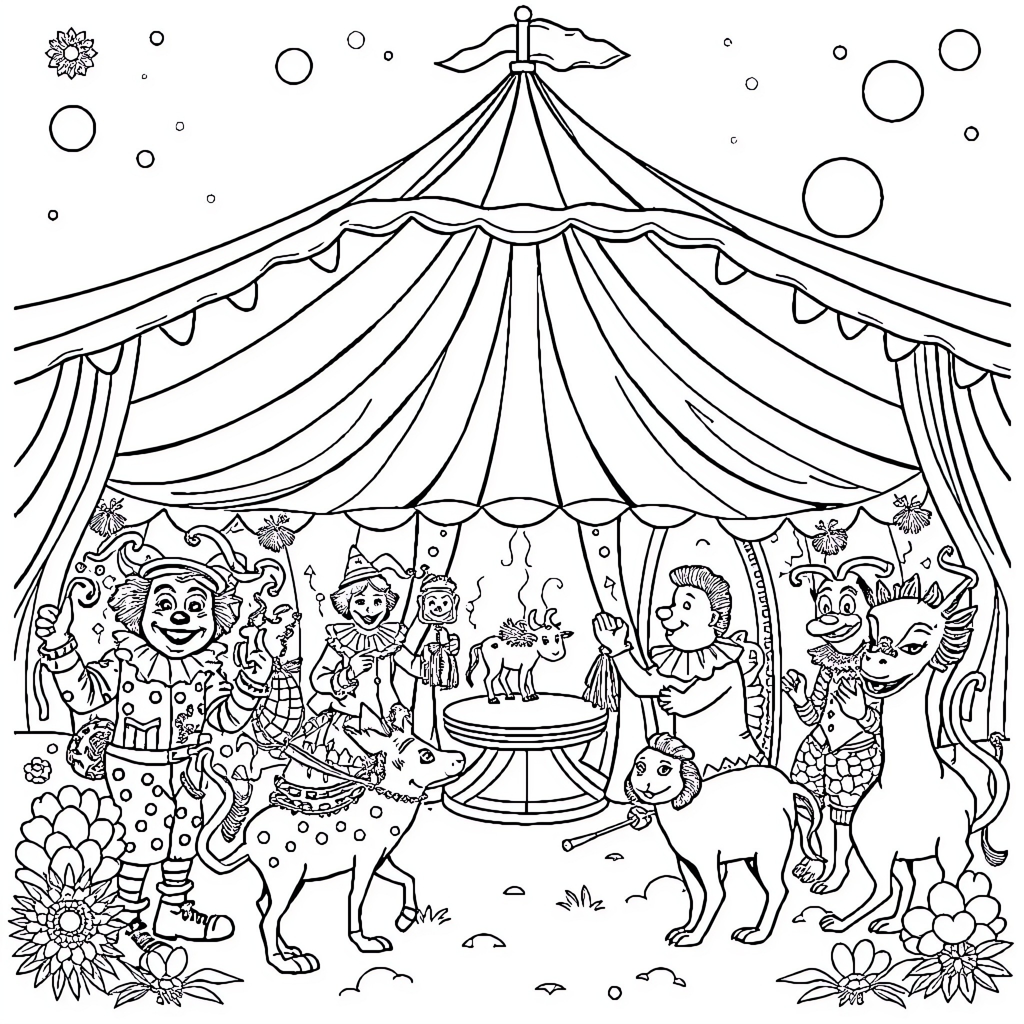 Circus performers and animals under the big top Coloring Page (free black-and-white line drawing printable PDF for all, from beginners to advanced learners, including children, teens, adults, and seniors)