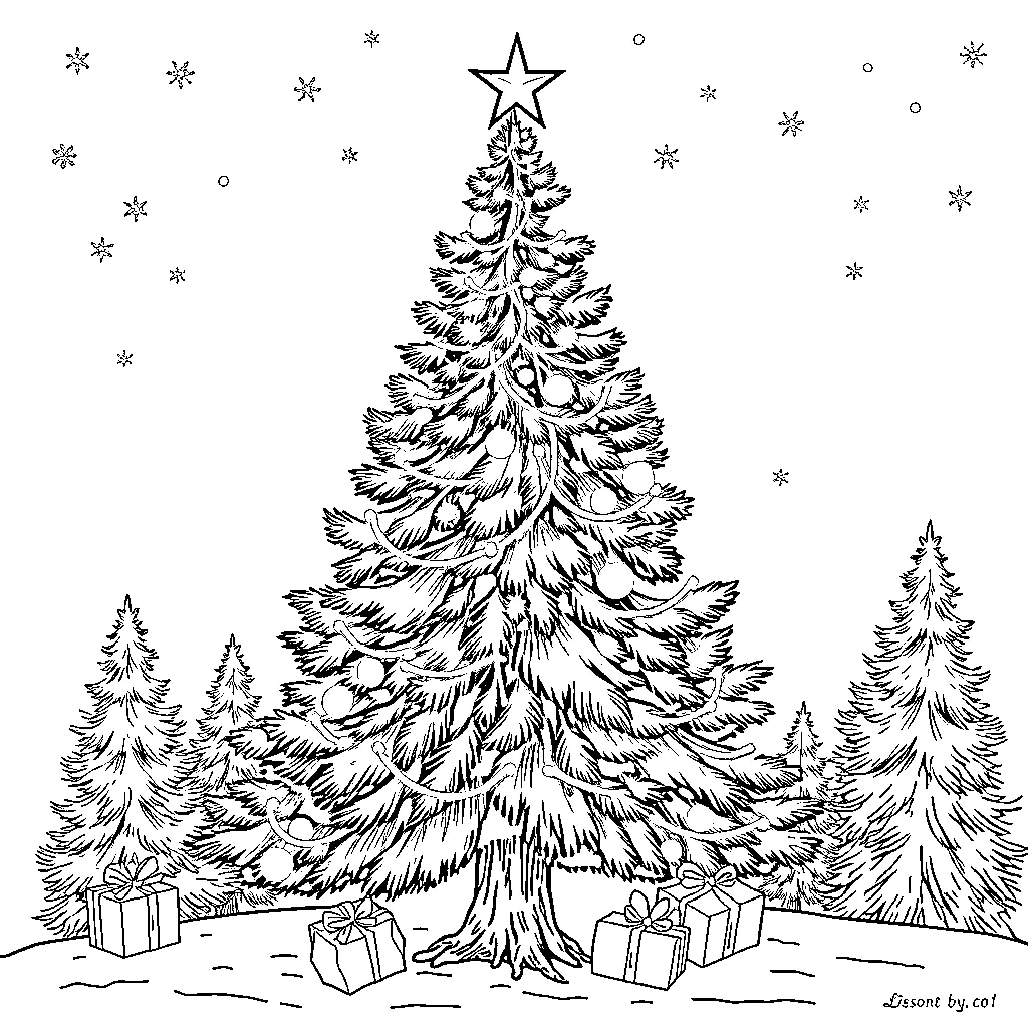 Christmas Tree with Presents and Snowfall Coloring Page (free black-and-white line drawing printable PDF for all, from beginners to advanced learners, including children, teens, adults, and seniors)