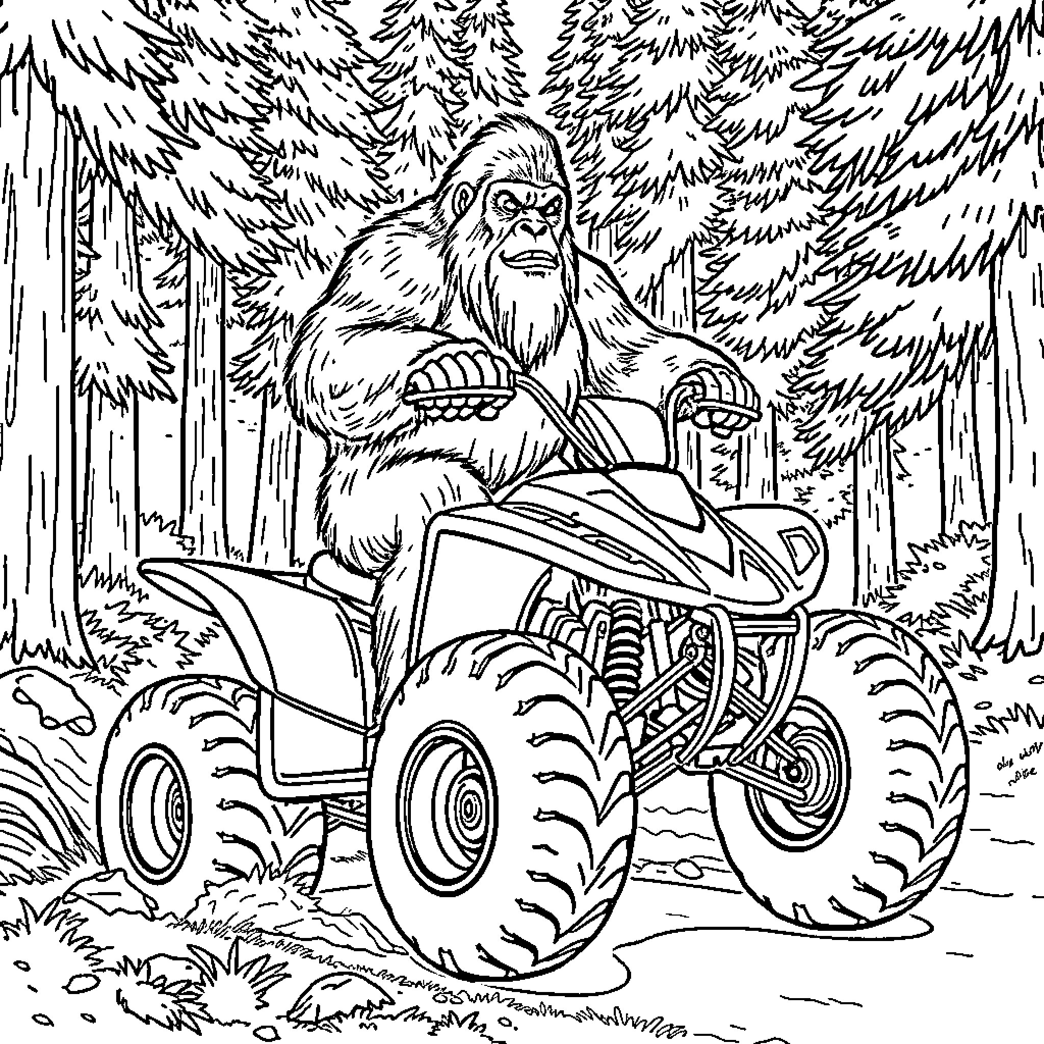 Bigfoot riding all-terrain vehicle through forest Coloring Page (free black-and-white line drawing printable PDF for all, from beginners to advanced learners, including children, teens, adults, and seniors)