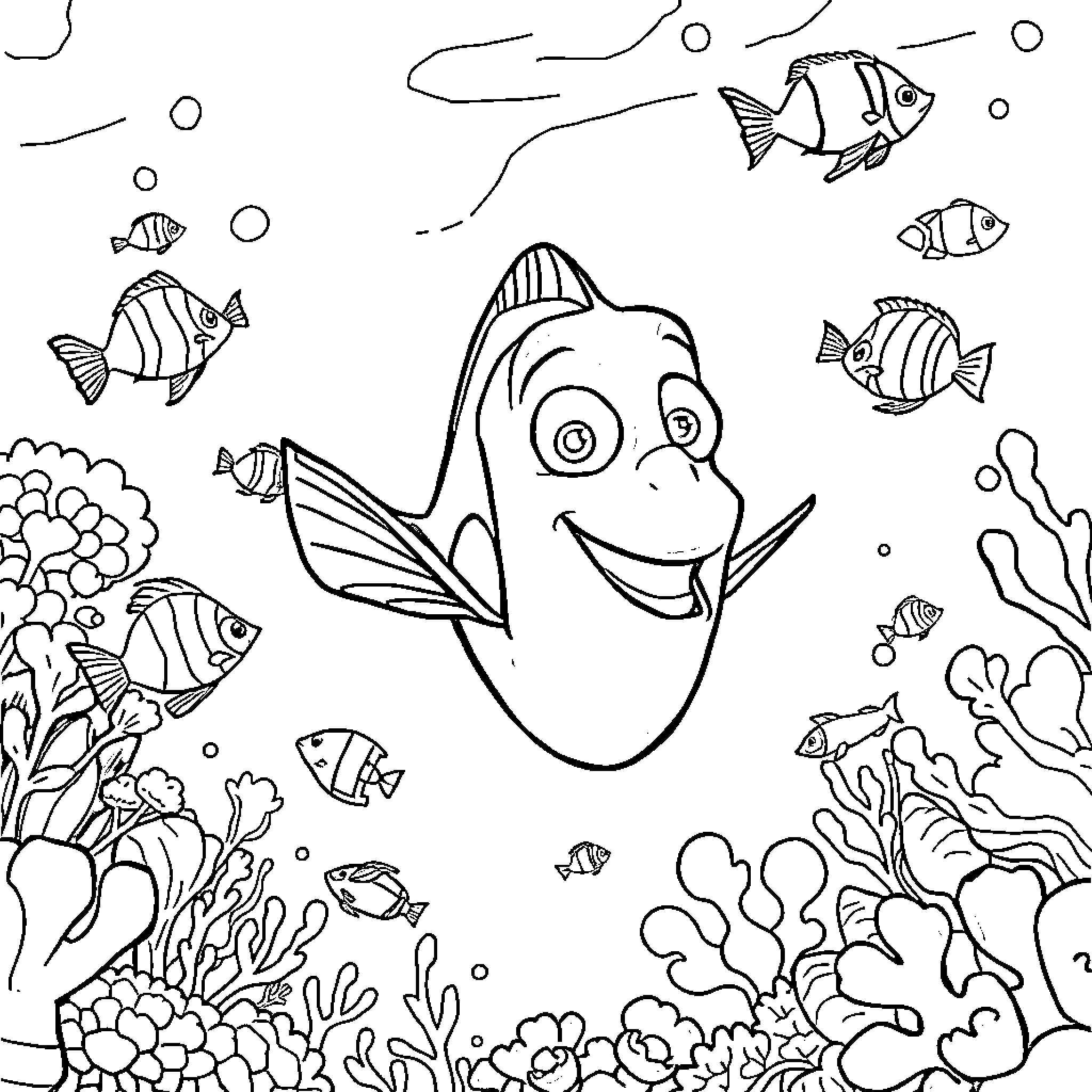 Dory and friends explore the colorful underwater world Coloring Page (free black-and-white line drawing printable PDF for all, from beginners to advanced learners, including children, teens, adults, and seniors)