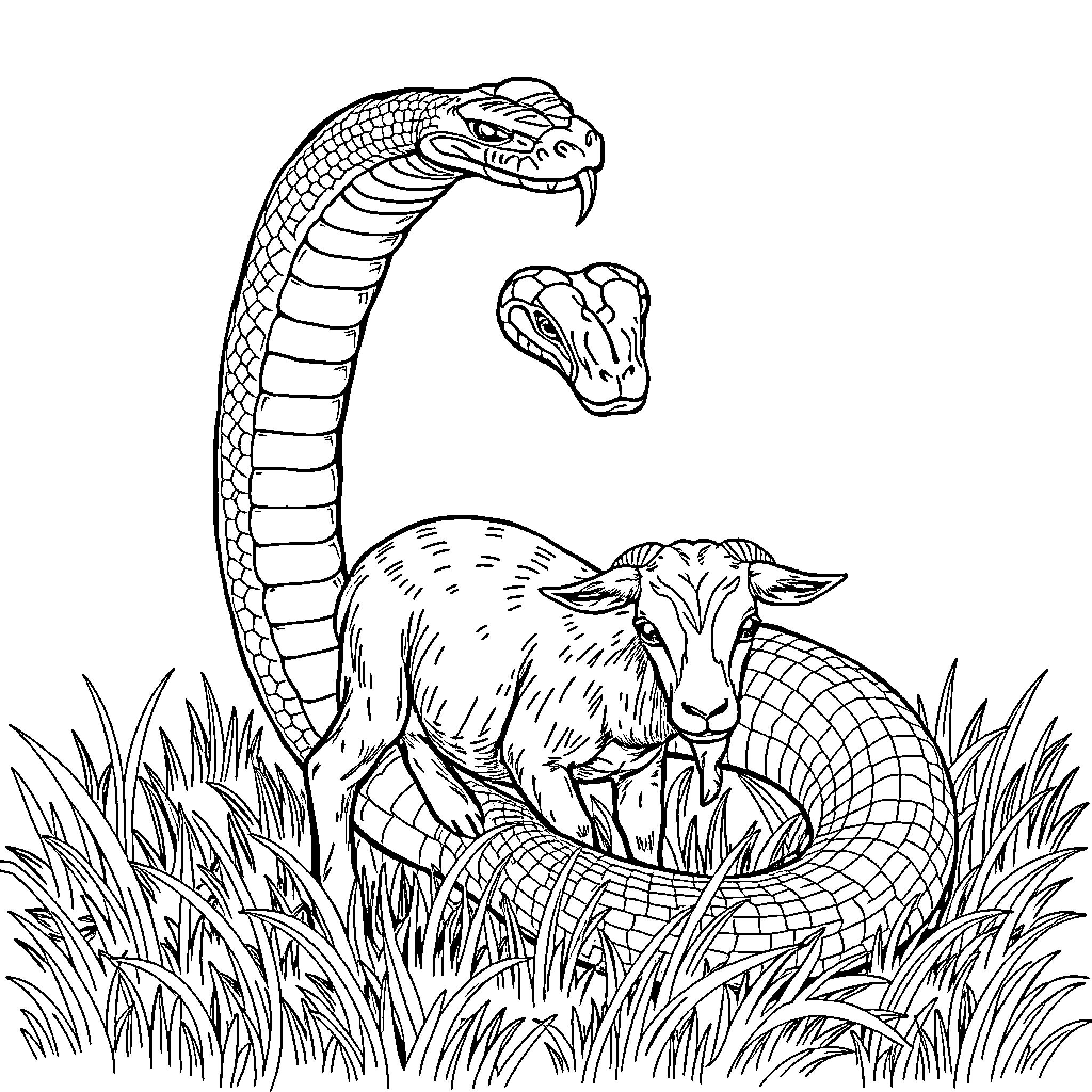 Mamba snake confronting a sheep in the wild Coloring Page (free black-and-white line drawing printable PDF for all, from beginners to advanced learners, including children, teens, adults, and seniors)