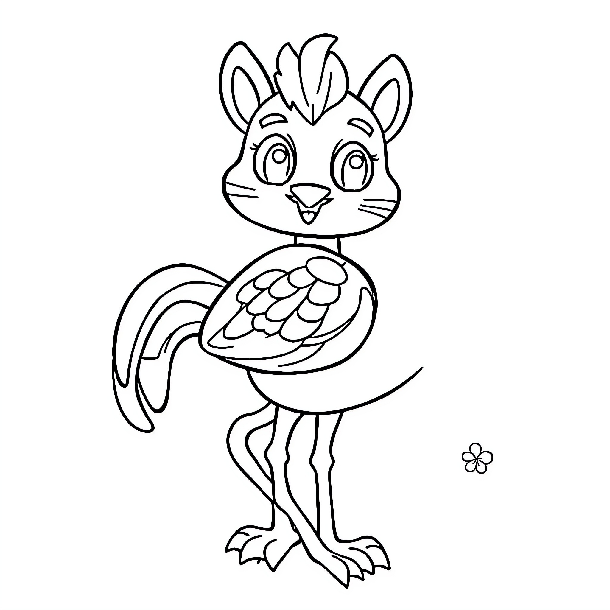 Art of a Curious Cartoon Creature Coloring Page (free black-and-white line drawing printable PDF for all, from beginners to advanced learners, including children, teens, adults, and seniors)
