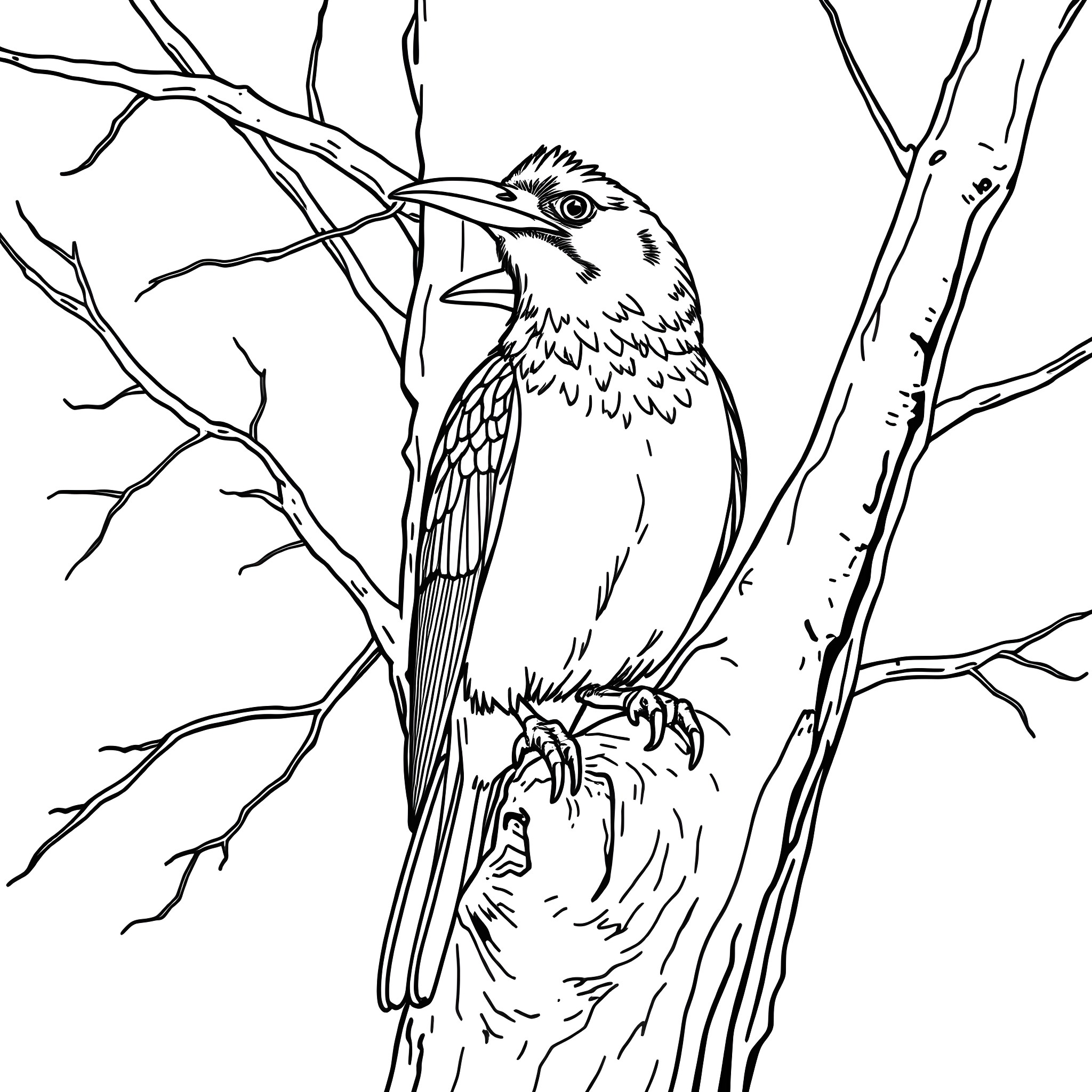 Cape Weaver Bird perched on a tree branch Coloring Page (free black-and-white line drawing printable PDF for all, from beginners to advanced learners, including children, teens, adults, and seniors)