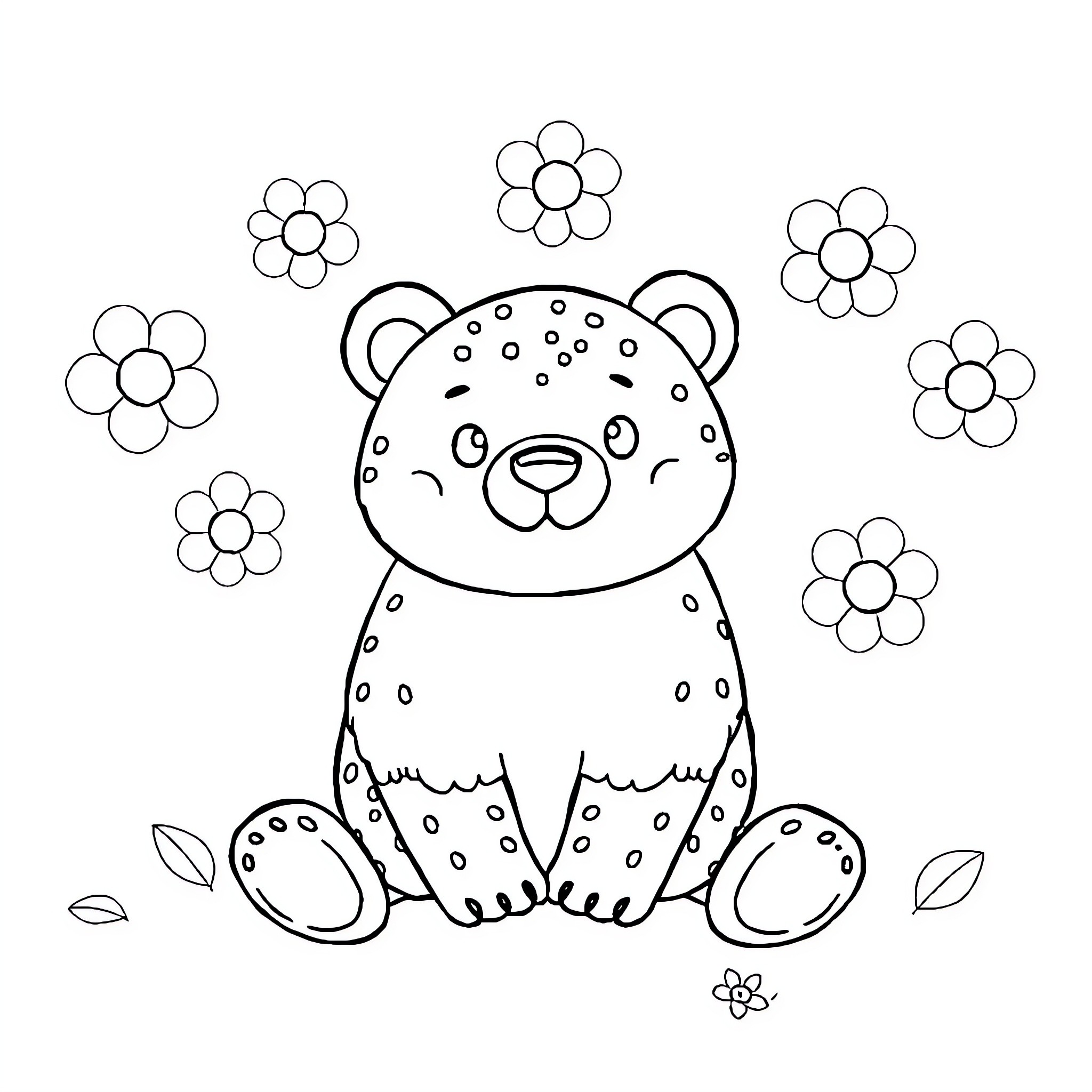 Bear surrounded by playful flowers Coloring Page (free black-and-white line drawing printable PDF for all, from beginners to advanced learners, including children, teens, adults, and seniors)