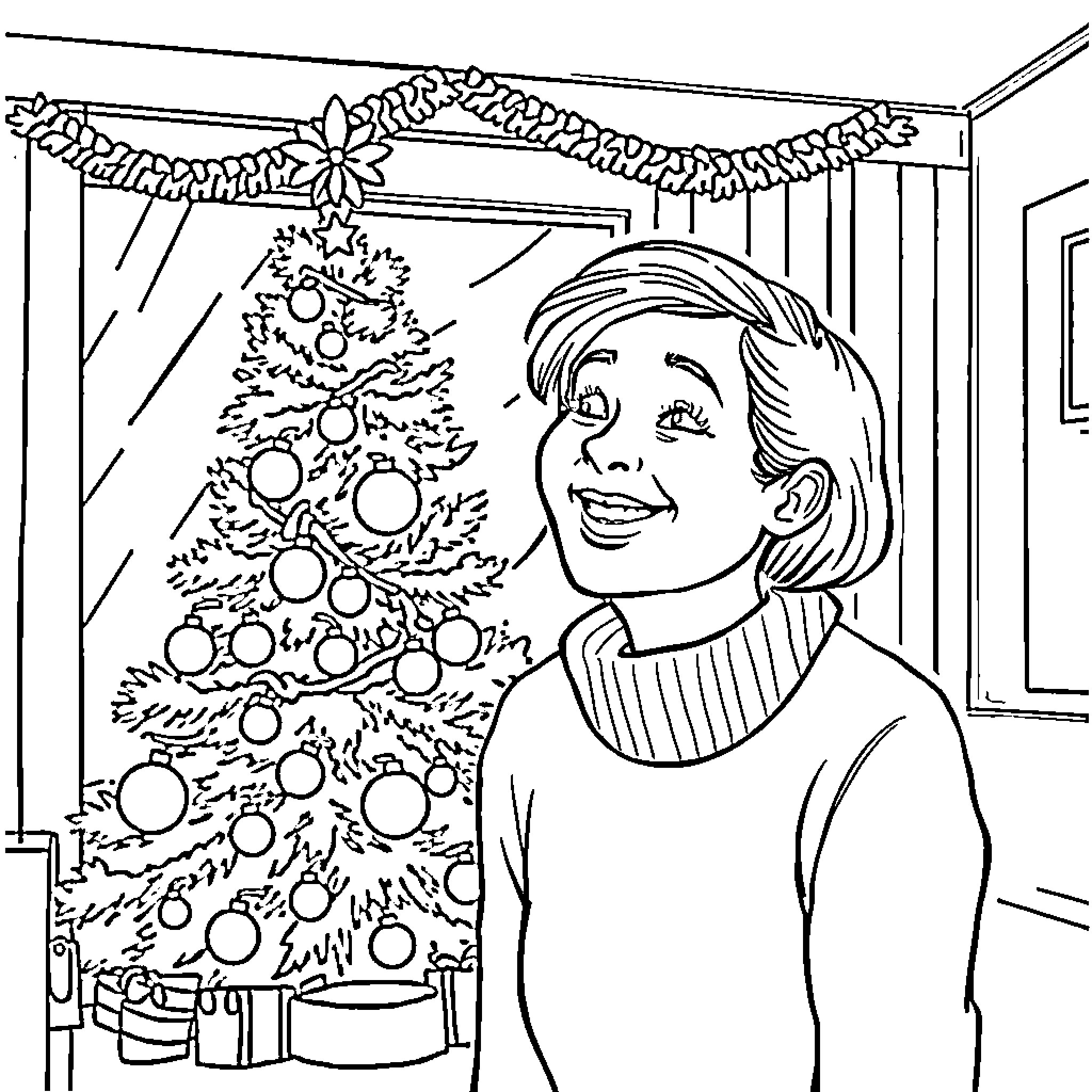 Christmas celebration with a joyous individual Coloring Page (free black-and-white line drawing printable PDF for all, from beginners to advanced learners, including children, teens, adults, and seniors)